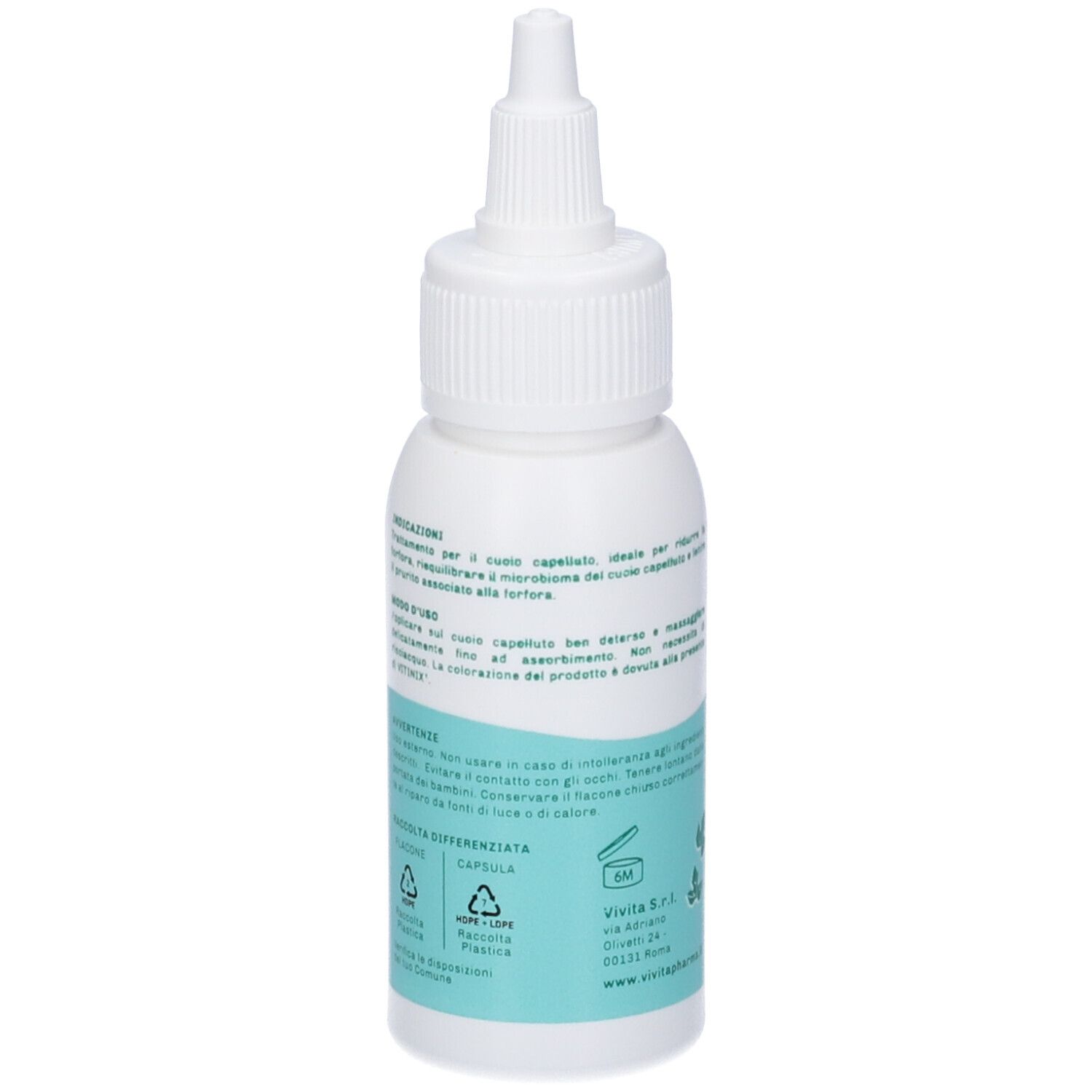 Flacone bianco con beccuccio dosatore. Scritta: Dermavitinix Lozione Antiforfora. Marchio: ViVita pharma.