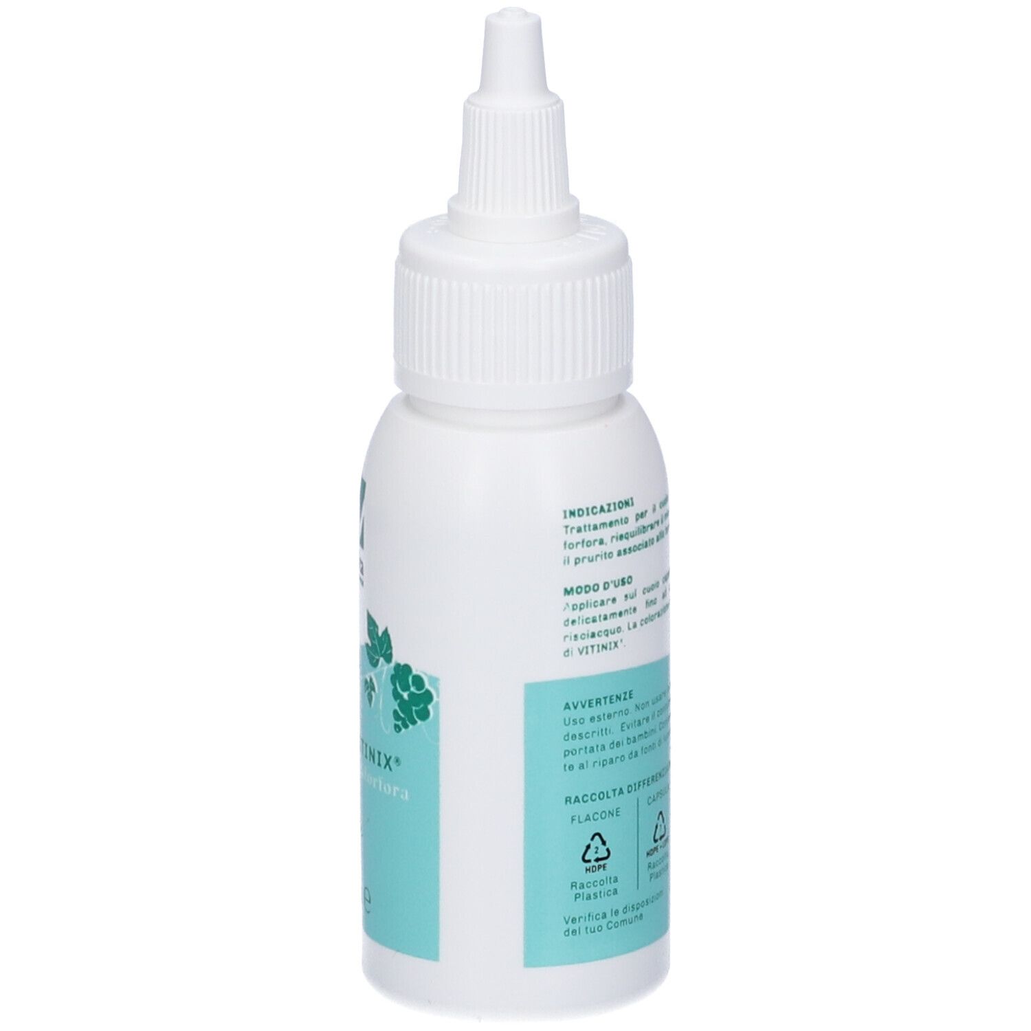 Flacone bianco con beccuccio dosatore. Scritta: Dermavitinix Lozione Antiforfora. Marchio: ViVita pharma.