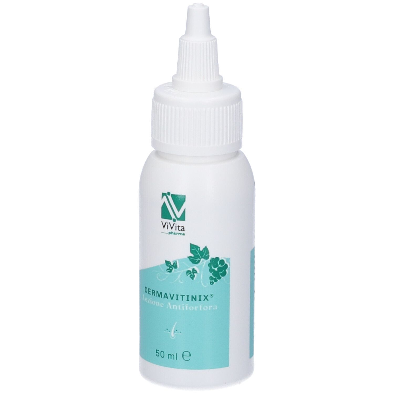 Flacone bianco con beccuccio dosatore. Scritta: Dermavitinix Lozione Antiforfora. Marchio: ViVita pharma.