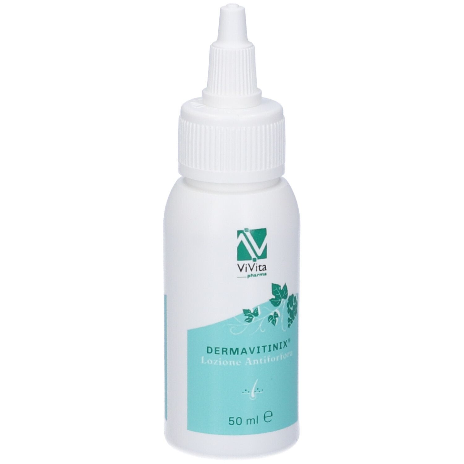 Flacone bianco con beccuccio dosatore. Scritta: Dermavitinix Lozione Antiforfora. Marchio: ViVita pharma.