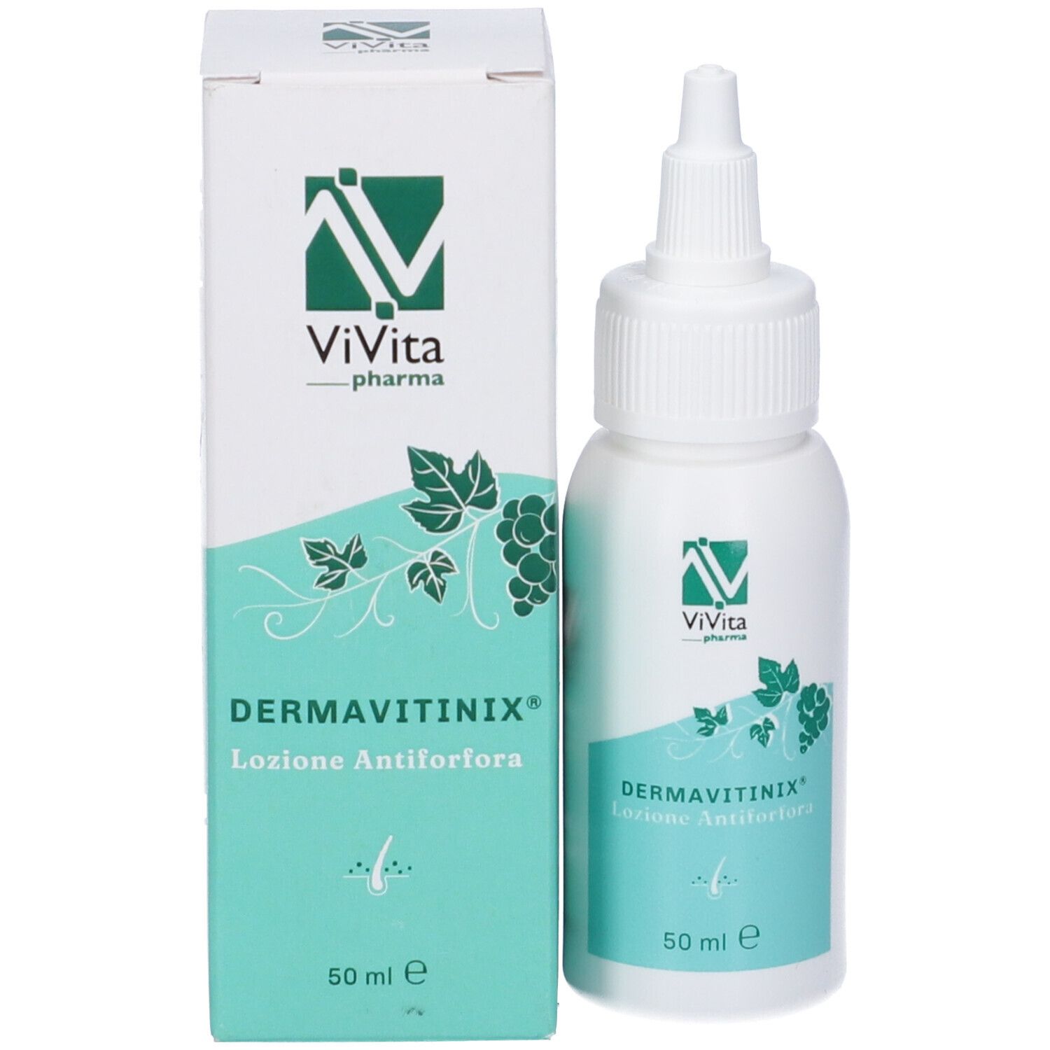 Flacone e confezione del prodotto. Scritta: Dermavitinix Lozione Antiforfora. Marchio: ViVita pharma.