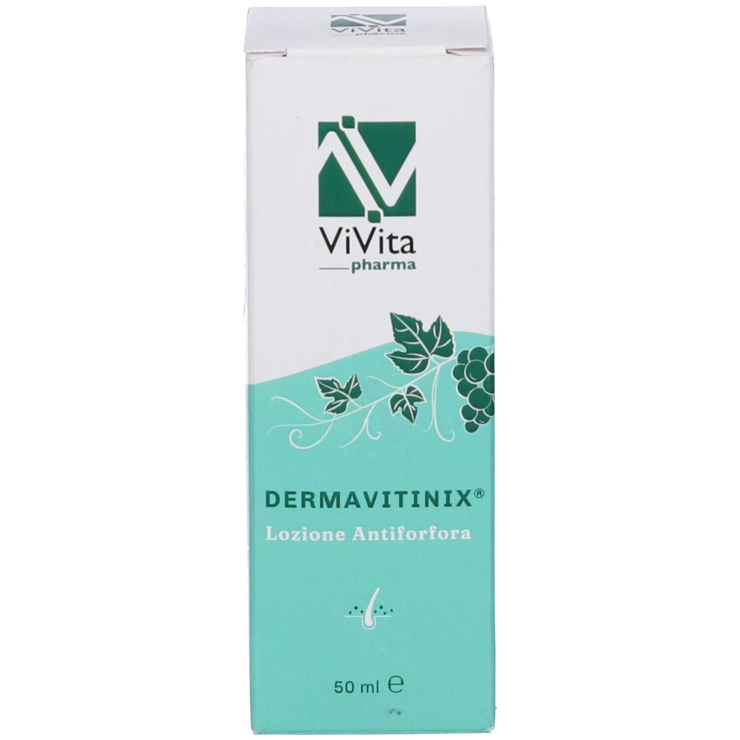 Confezione del prodotto. Scritta: Dermavitinix Lozione Antiforfora. Marchio: ViVita pharma.