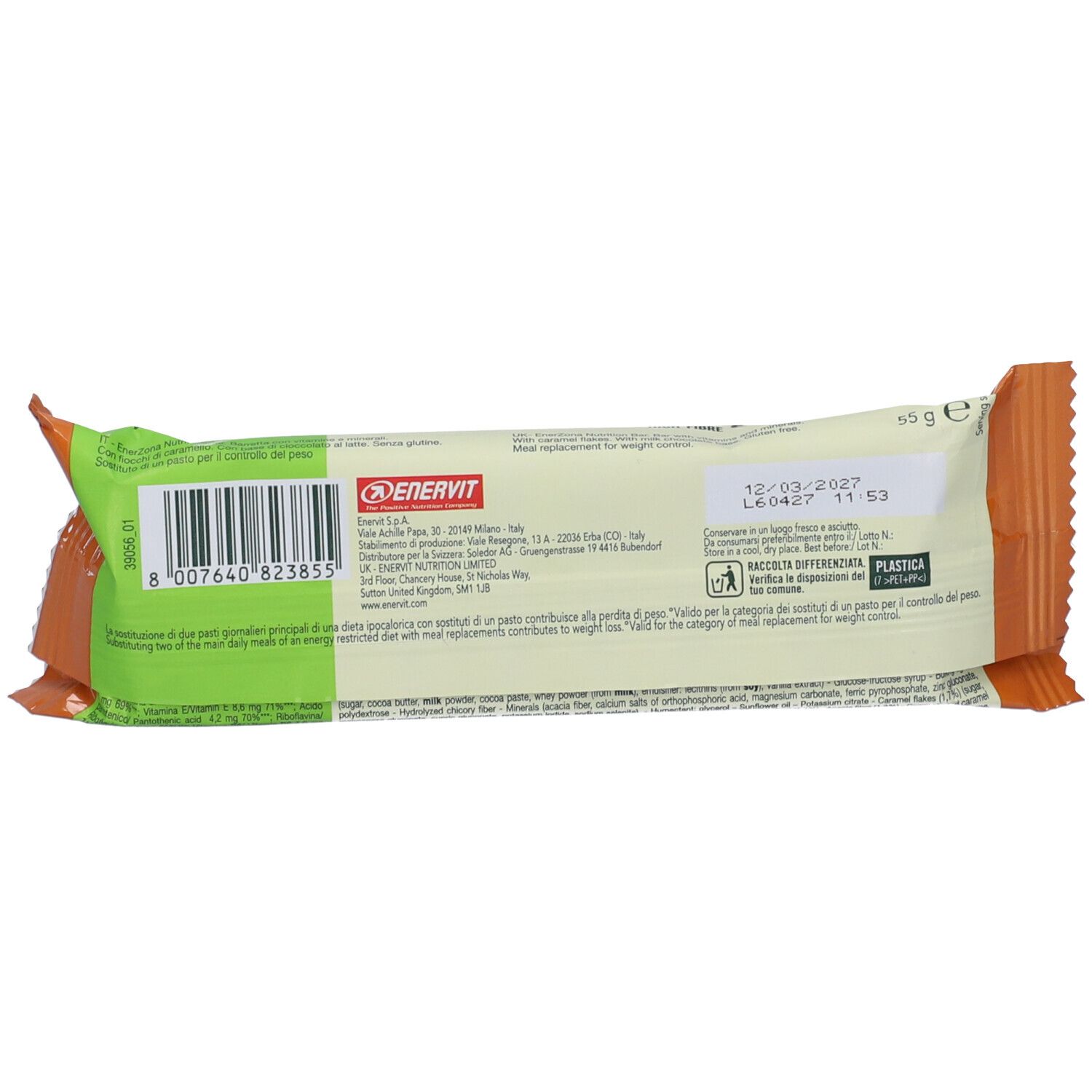 Retro della confezione barretta ENERVIT EnerZona Pasto Protein. Codice a barre, testo, data di scadenza, elementi verdi e arancioni.