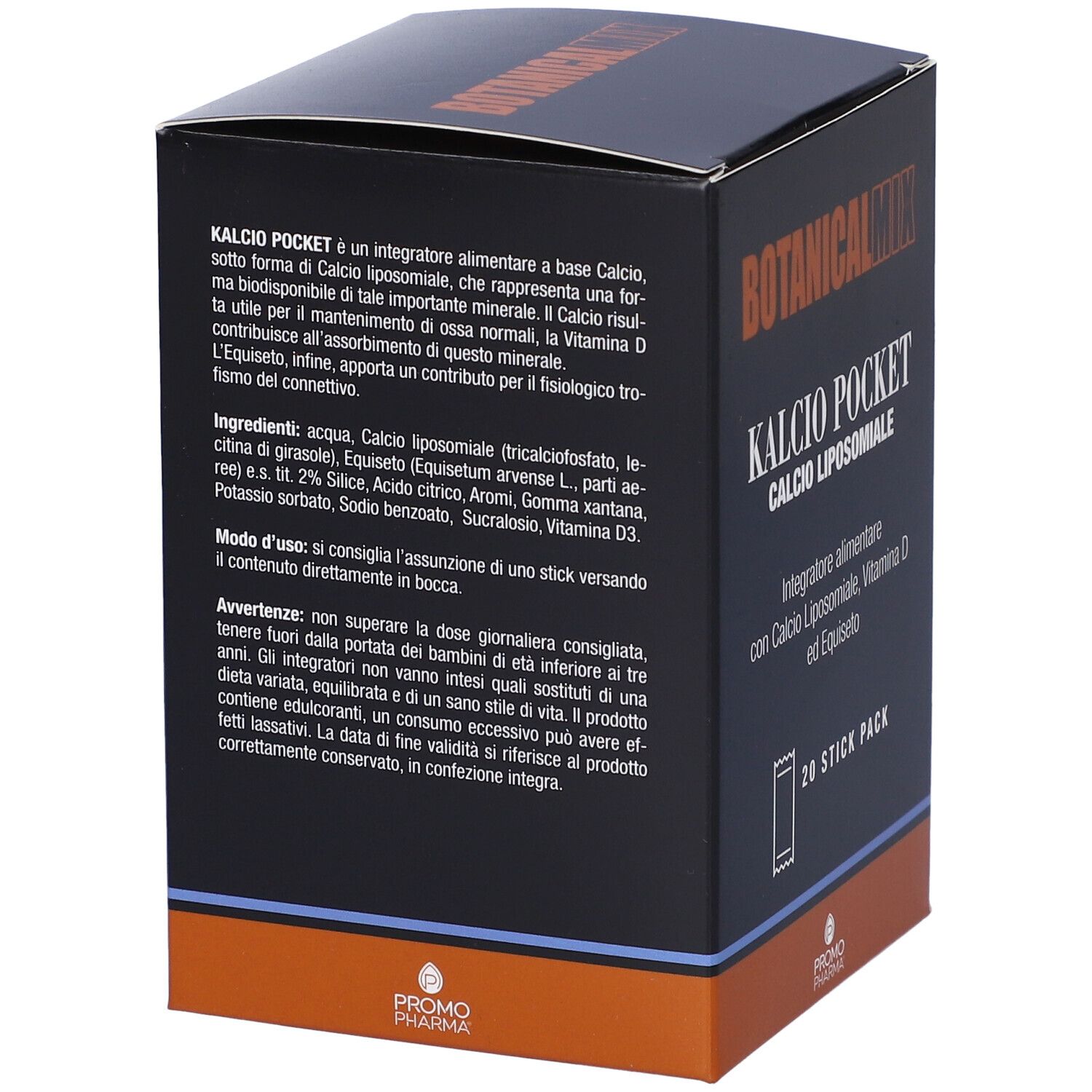 Scatola nera, testo KALCIO POCKET, 20 Stick Pack. Ingredienti e istruzioni. Logo PROMO PHARMAX.