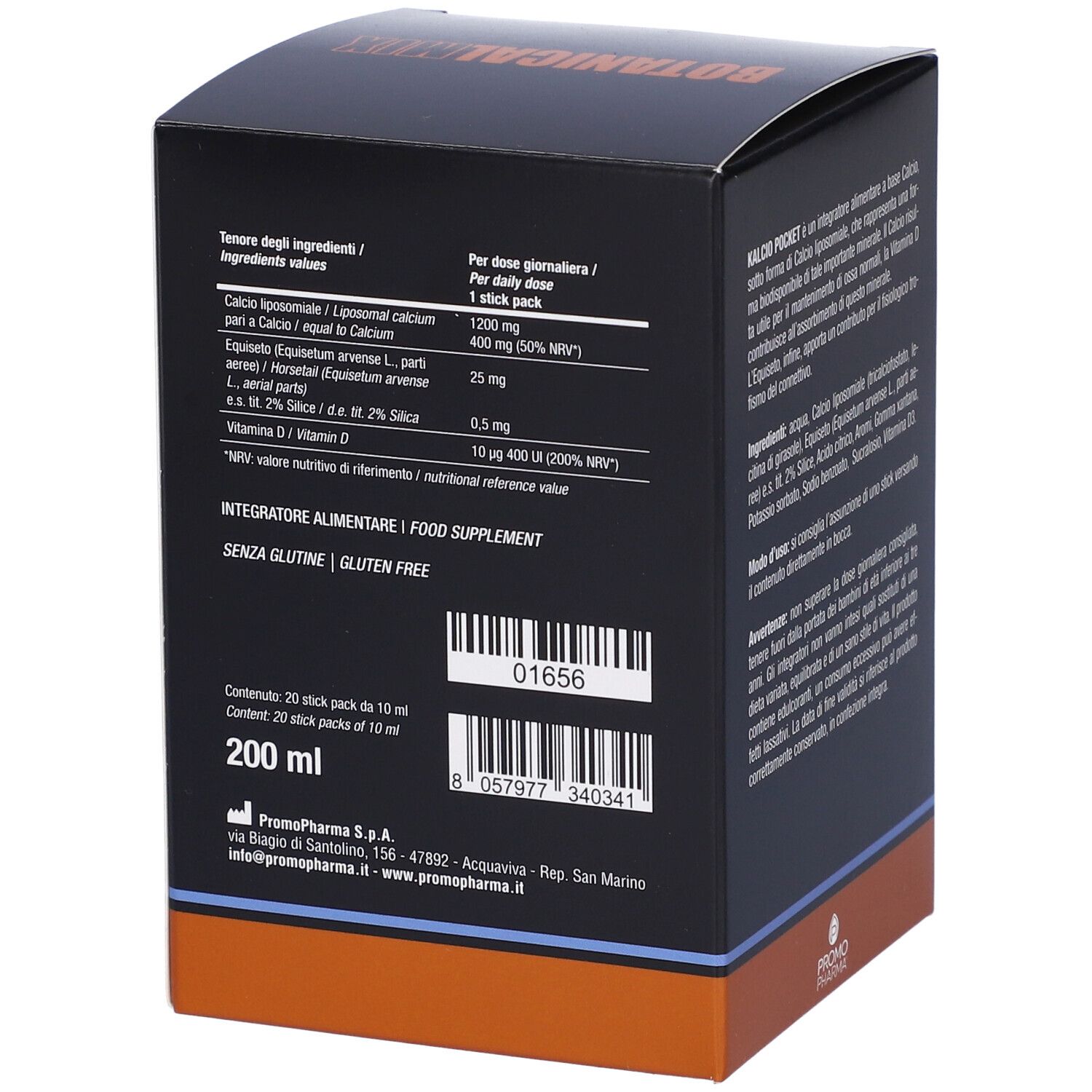 Scatola nera, testo KALCIO POCKET, ingredienti, valori nutrizionali, senza glutine. 200 ml. Logo PROMO PHARMAX.