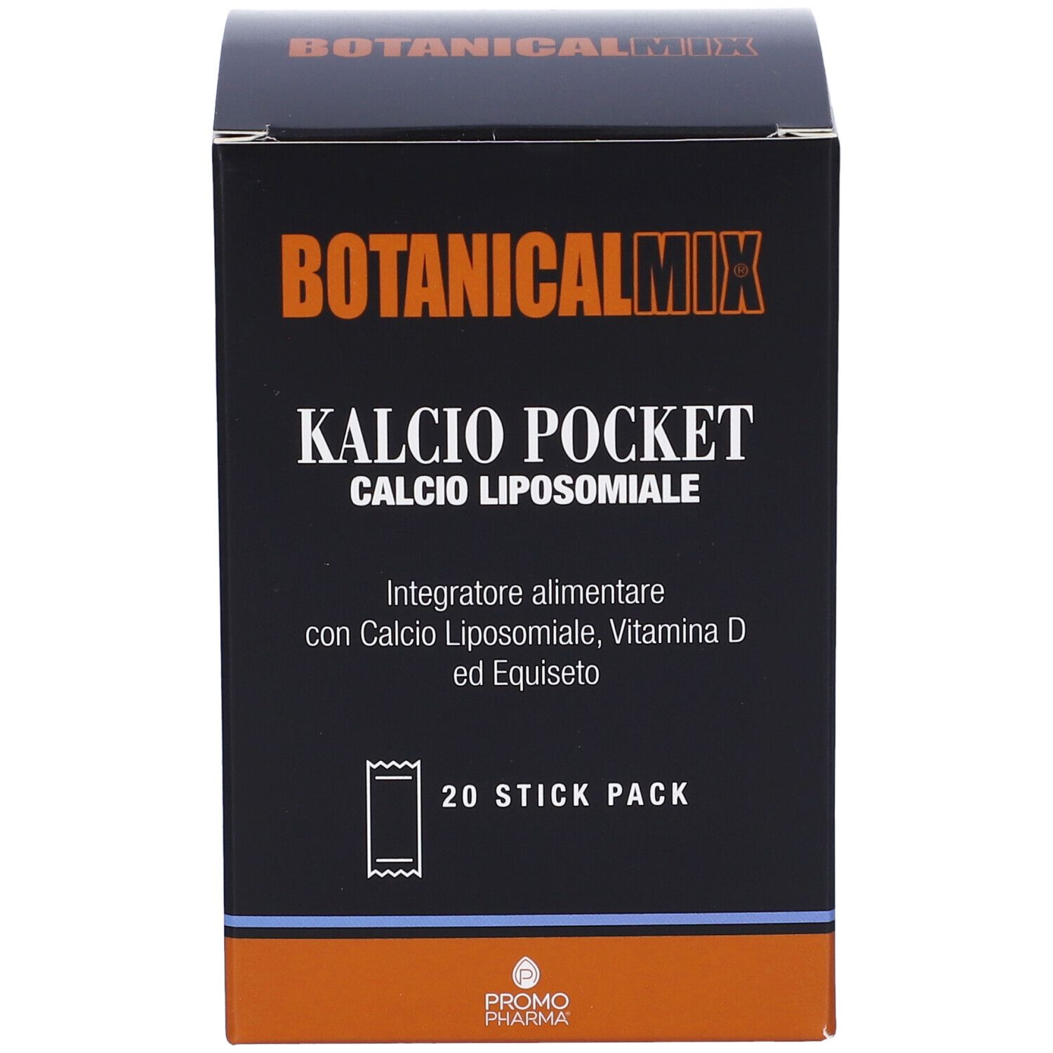 Scatola nera con scritta BOTANICALMIX, KALCIO POCKET, 20 Stick Pack. Logo PROMO PHARMAX.
