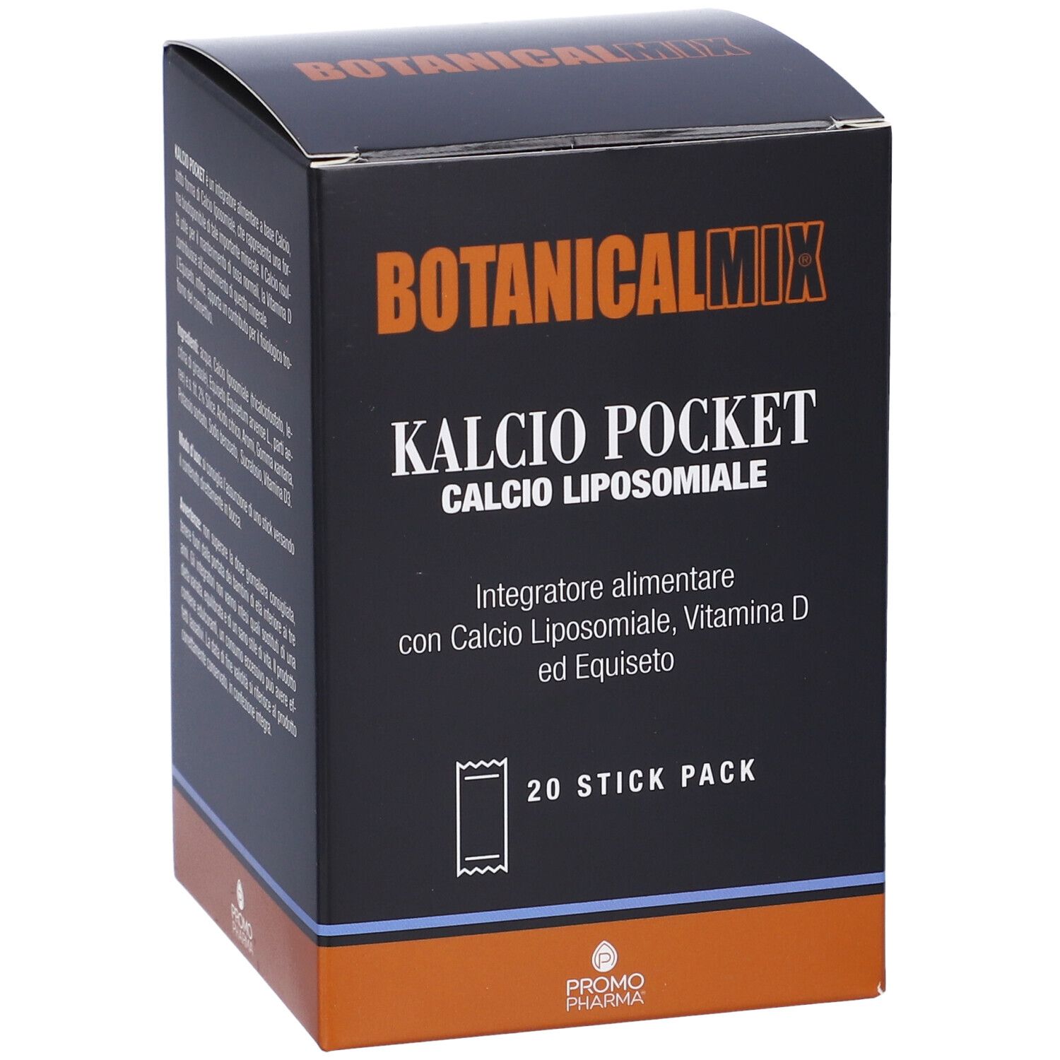 Scatola nera con scritta BOTANICALMIX, KALCIO POCKET, 20 Stick Pack. Logo PROMO PHARMAX.