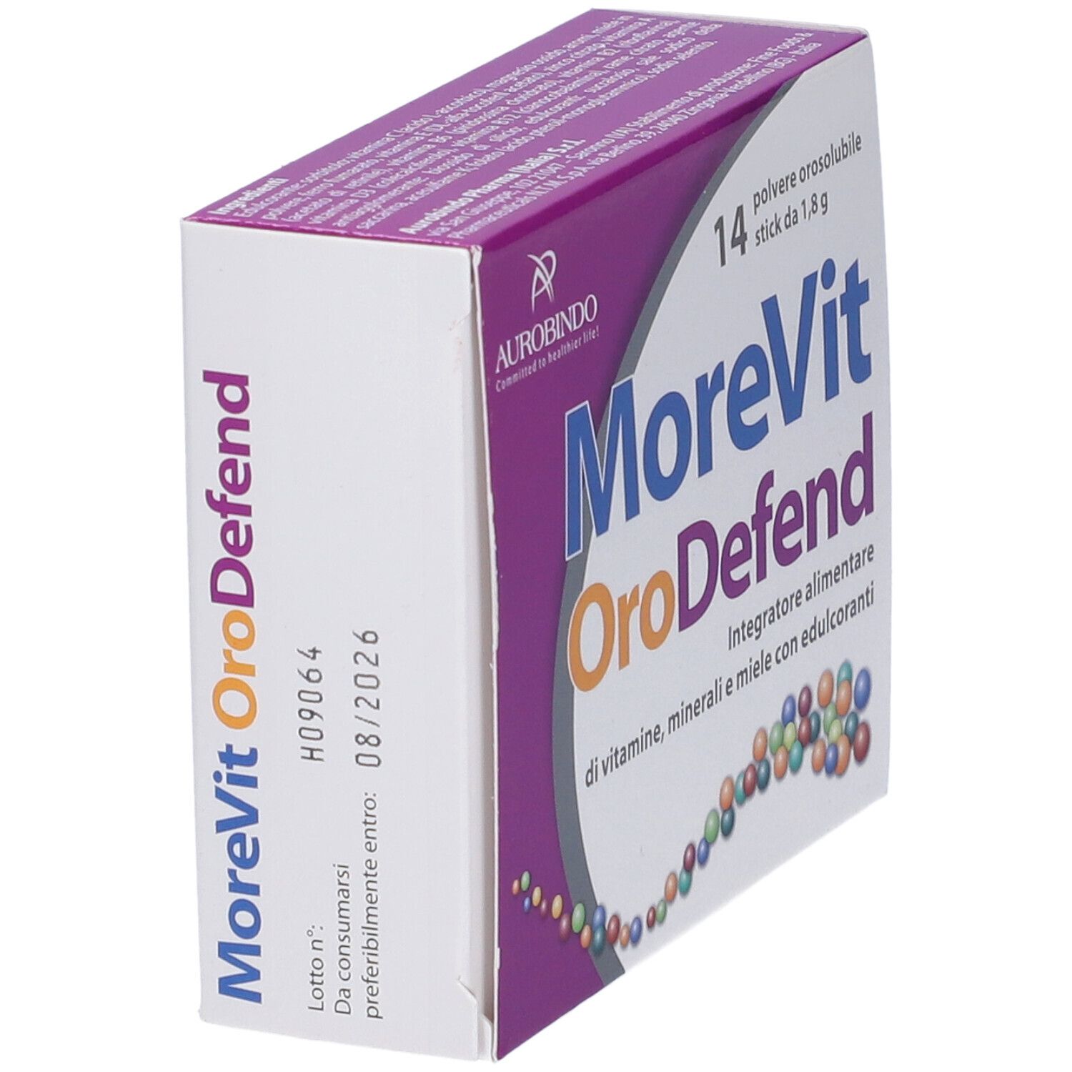 Confezione MoreVit OroDefend, angolata. Viola e bianca. Contiene 14 stick. Con vitamine, minerali e miele.