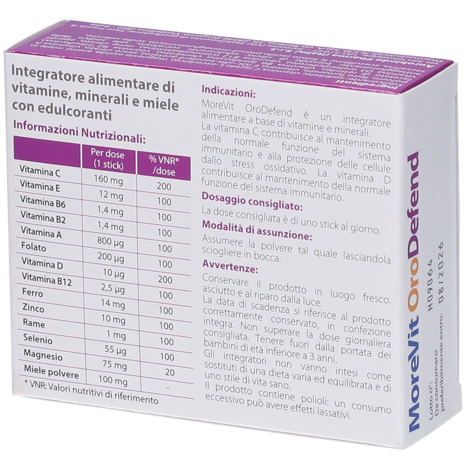 Retro della confezione MoreVit OroDefend. Contiene informazioni nutrizionali e ingredienti. Con vitamine e minerali.