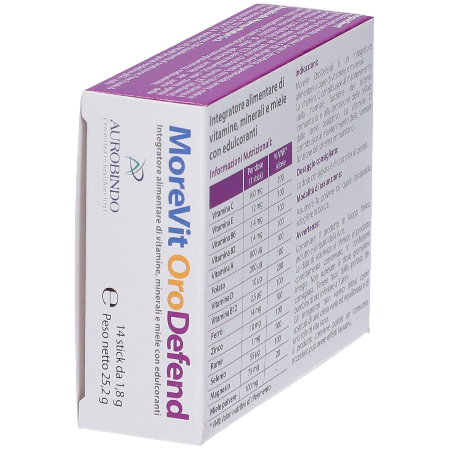 Confezione MoreVit OroDefend, angolata. Contiene informazioni nutrizionali e ingredienti. Con vitamine e minerali.