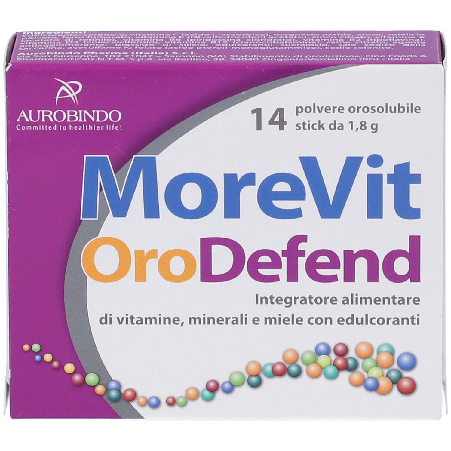 Confezione di MoreVit OroDefend. Viola e bianca. Contiene 14 stick. Con vitamine, minerali e miele.