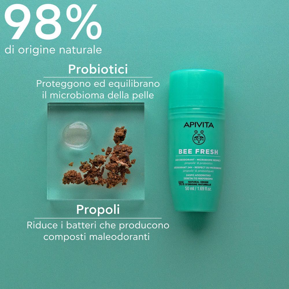 Roll-on deodorante accanto a propoli e probiotici. Scritta: APIVITA, BEE FRESH, 50 ml, 98% naturale.