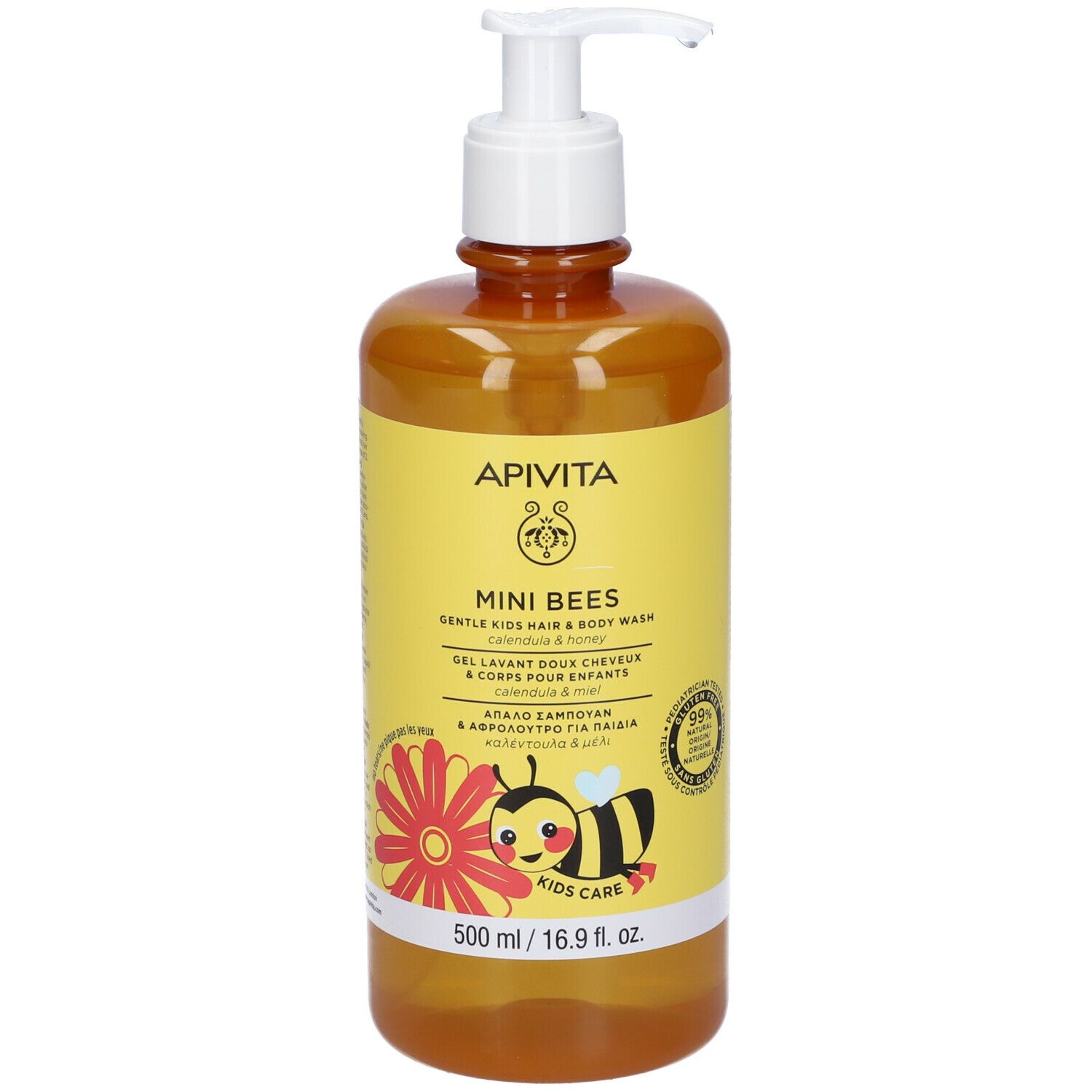 Retro del flacone. Testo multilingue. 500 ml. Etichetta gialla con nome prodotto, ape e testo.