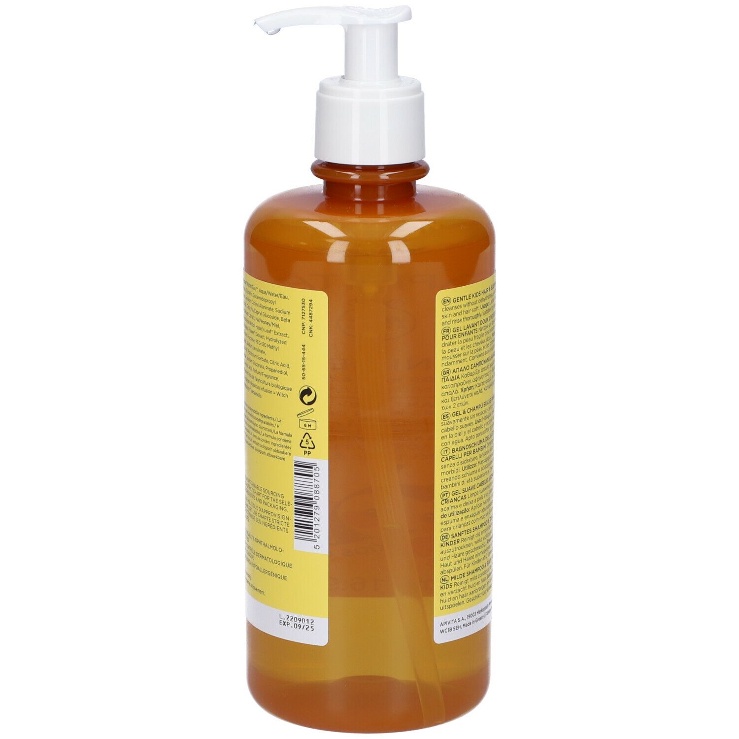 Gel delicato per bambini, flacone con dosatore. Etichetta gialla con nome prodotto, ape e testo. 500 ml.