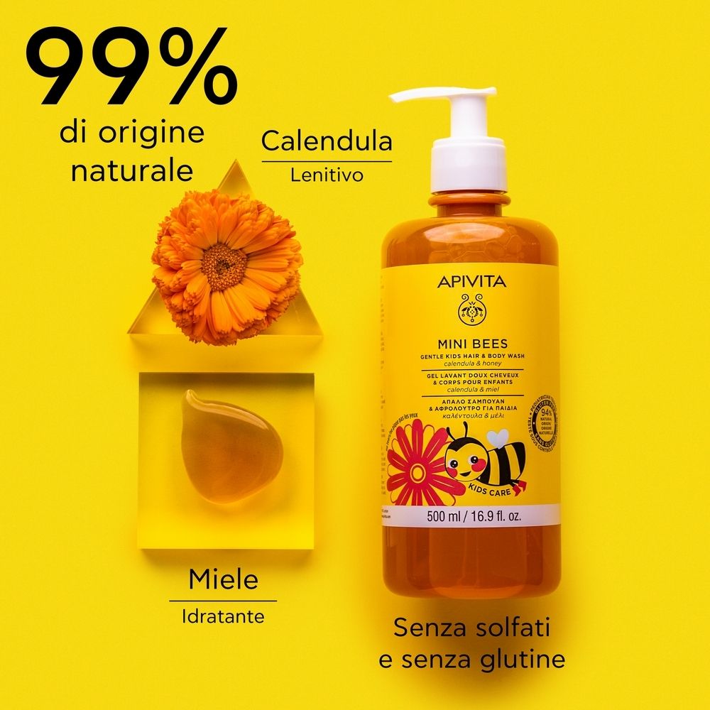 Gel delicato per bambini, flacone con dosatore. Etichetta gialla con nome prodotto, ape e testo. 500 ml.