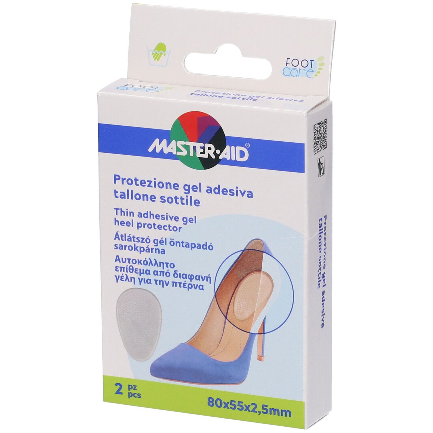 Confezione Master-Aid protezione tallone, vista laterale. Testo e codice QR. Stampa: 80x55x2,5mm.