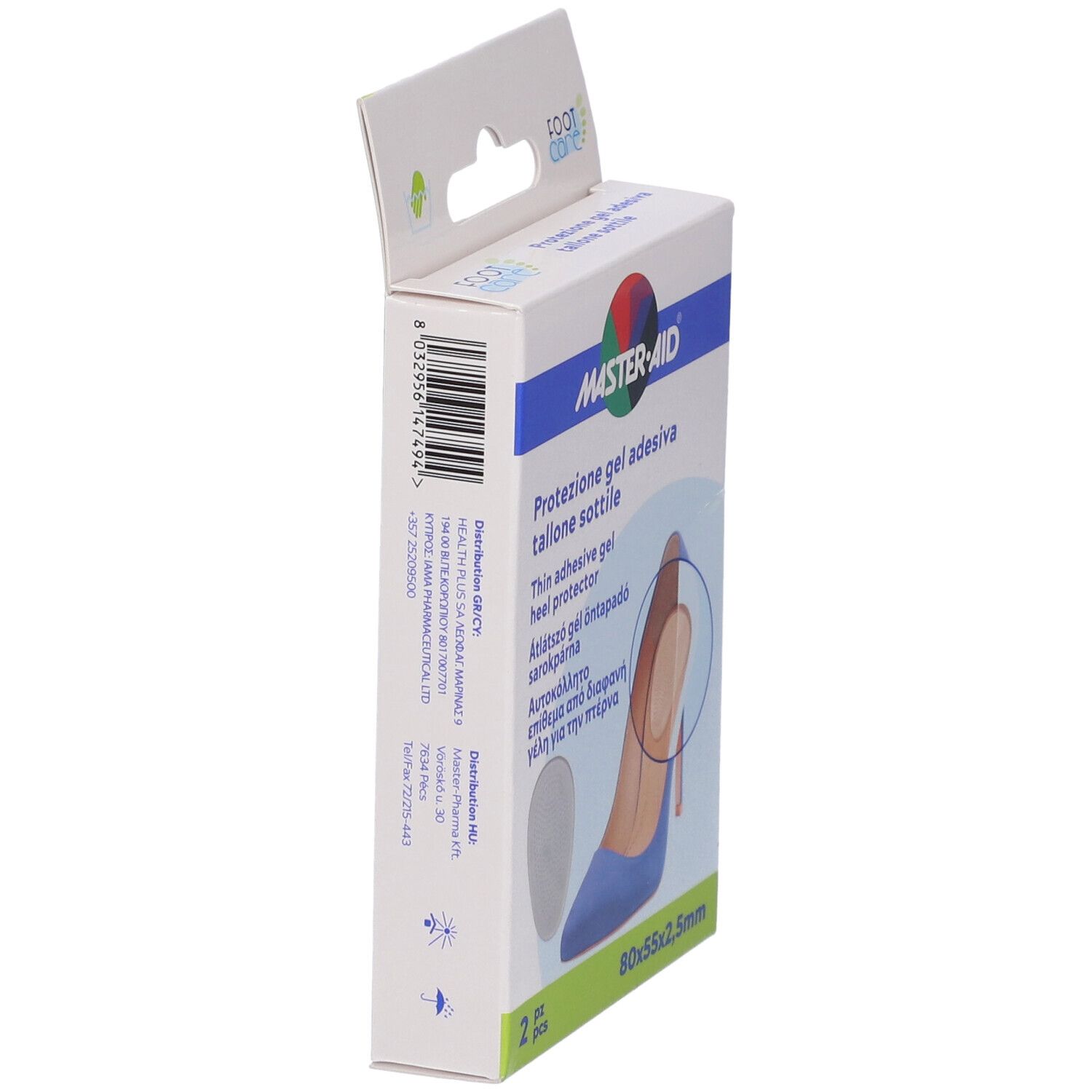 Confezione Master-Aid protezione tallone, retro. Testo multilingue. Stampa: 80x55x2,5mm.