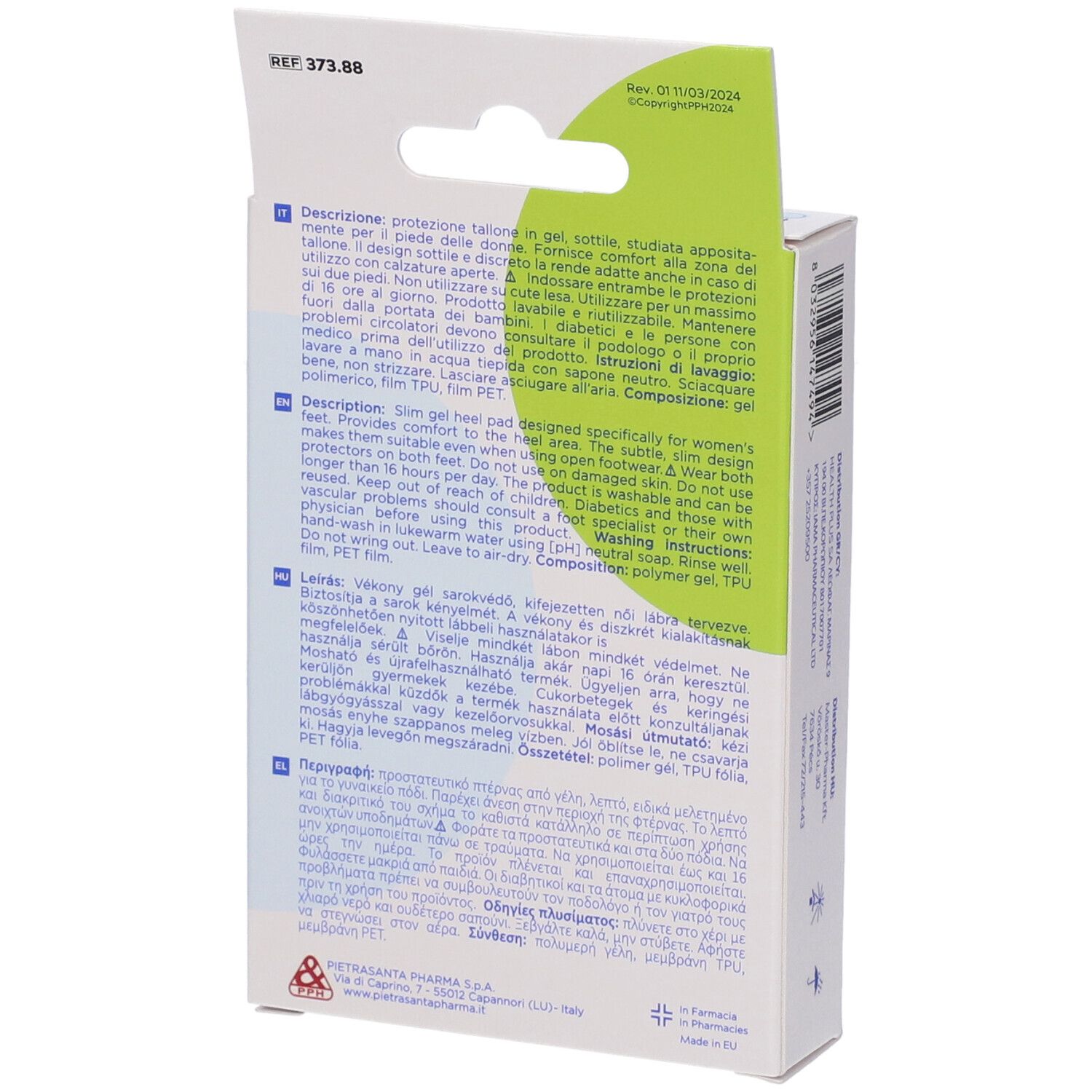 Confezione Master-Aid protezione tallone, vista laterale. Testo e codice QR. Stampa: 80x55x2,5mm.