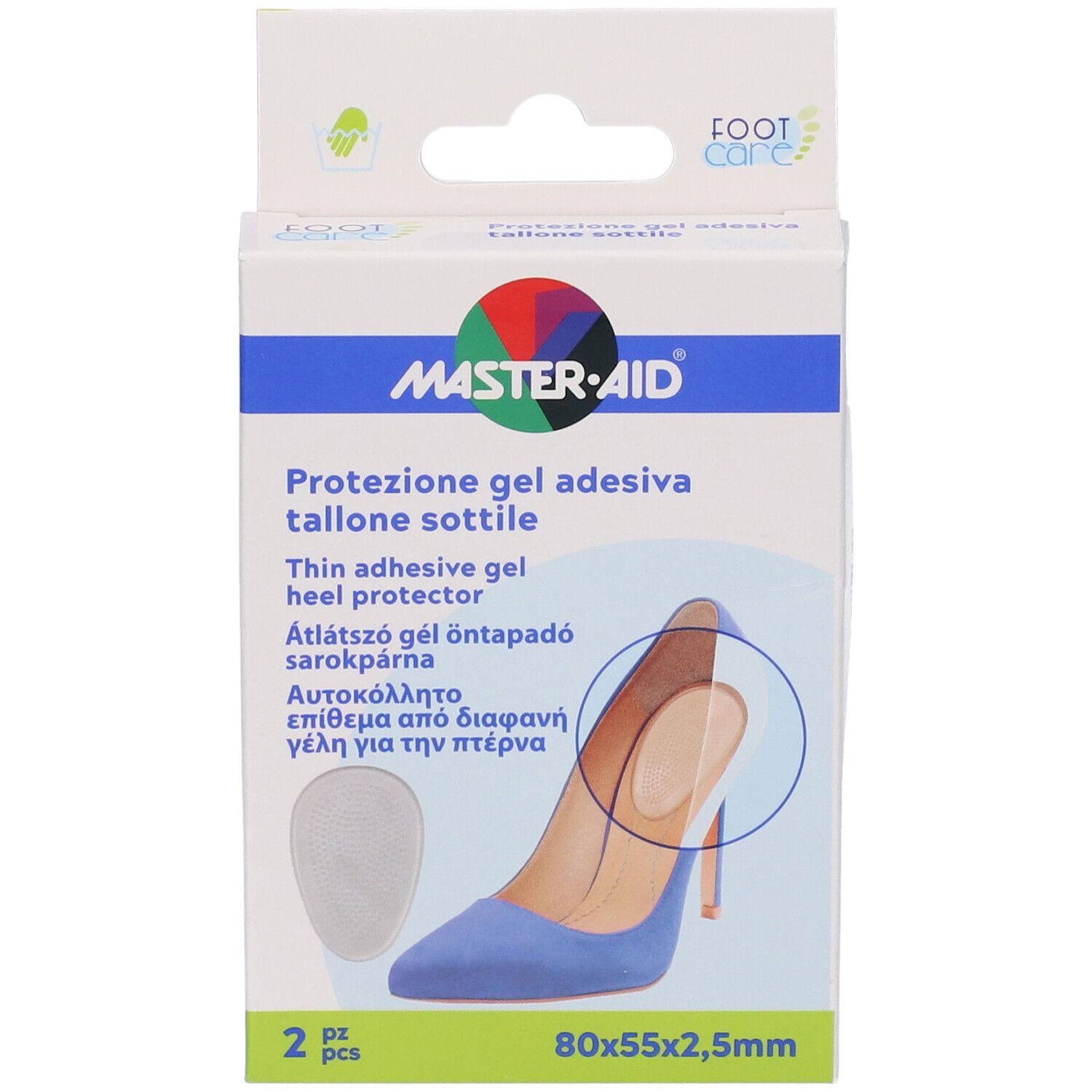 Confezione Master-Aid per protezione tallone. Contiene due pezzi. Dimensioni: 80x55x2,5mm. Immagine di scarpa con inserto.