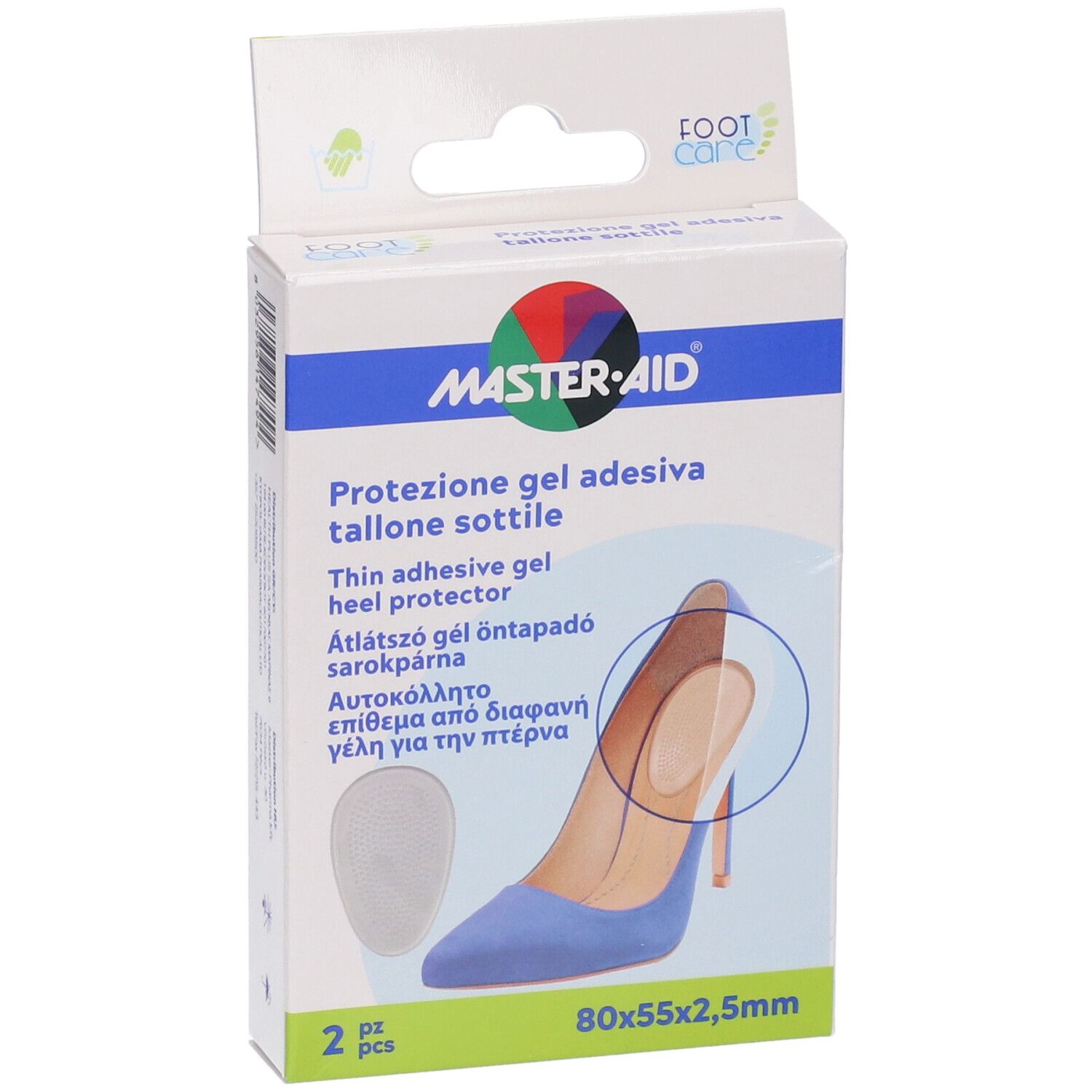 Confezione Master-Aid per protezione tallone. Contiene due pezzi. Dimensioni: 80x55x2,5mm. Immagine di scarpa con inserto.