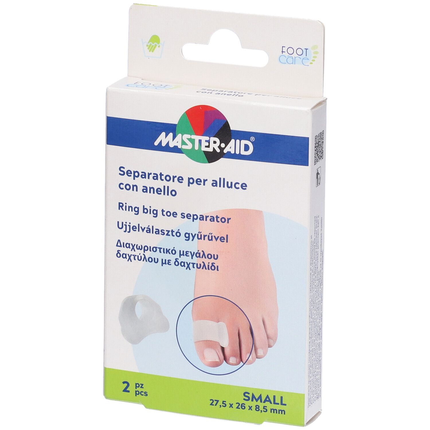 Confezione di due separatori per alluce. Marchio MASTER-AID. Immagine di un piede con separatore. Taglia: Small.