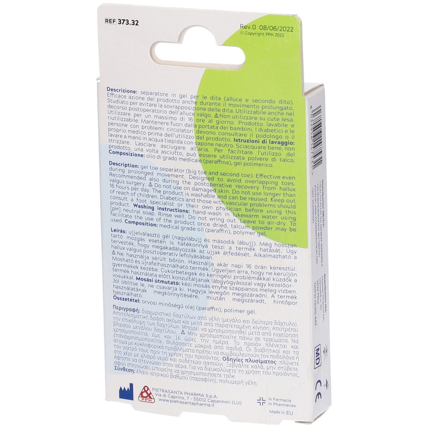 Confezione di due separatori per alluce. Marchio MASTER-AID. Vista laterale della confezione. Testo multilingue.