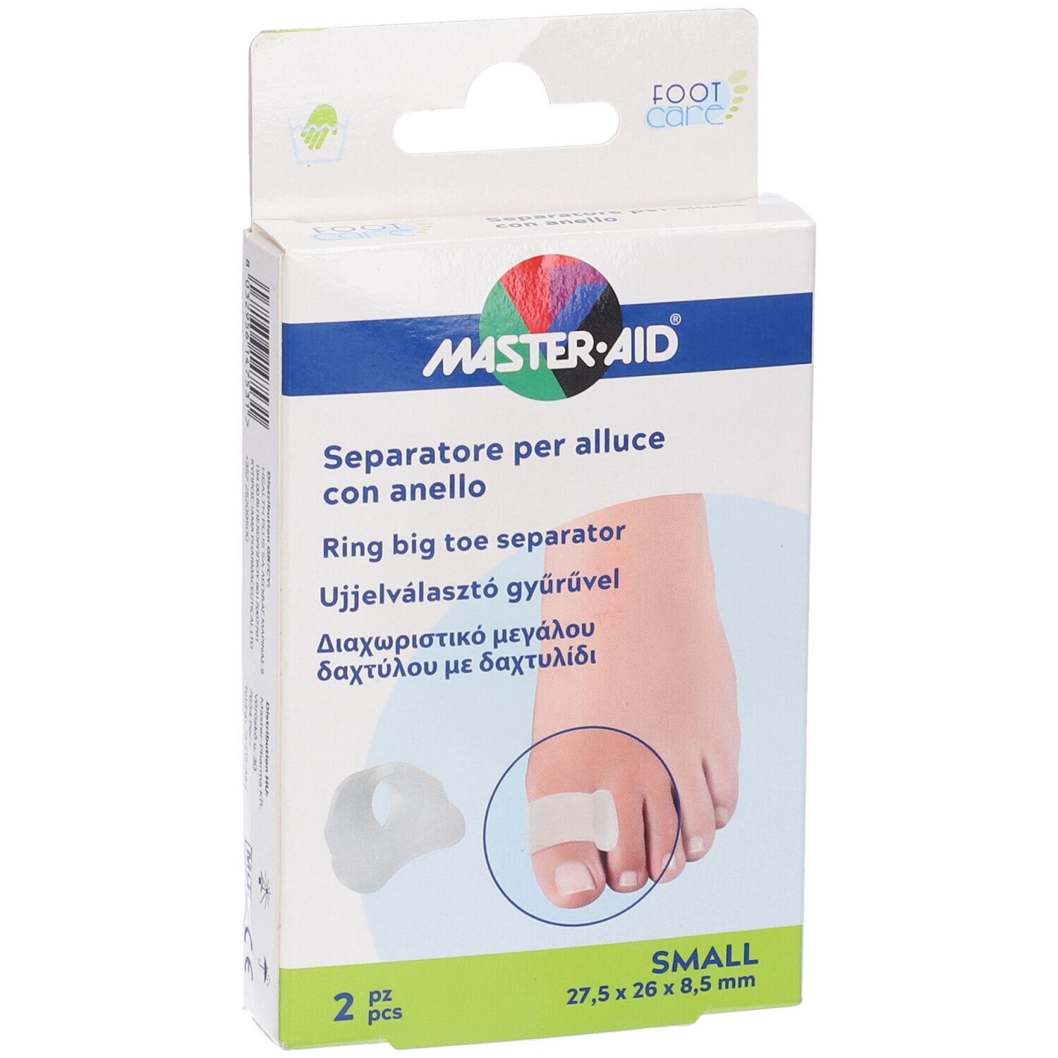 Confezione di due separatori per alluce. Marchio MASTER-AID. Immagine di un piede con separatore. Taglia: Small.