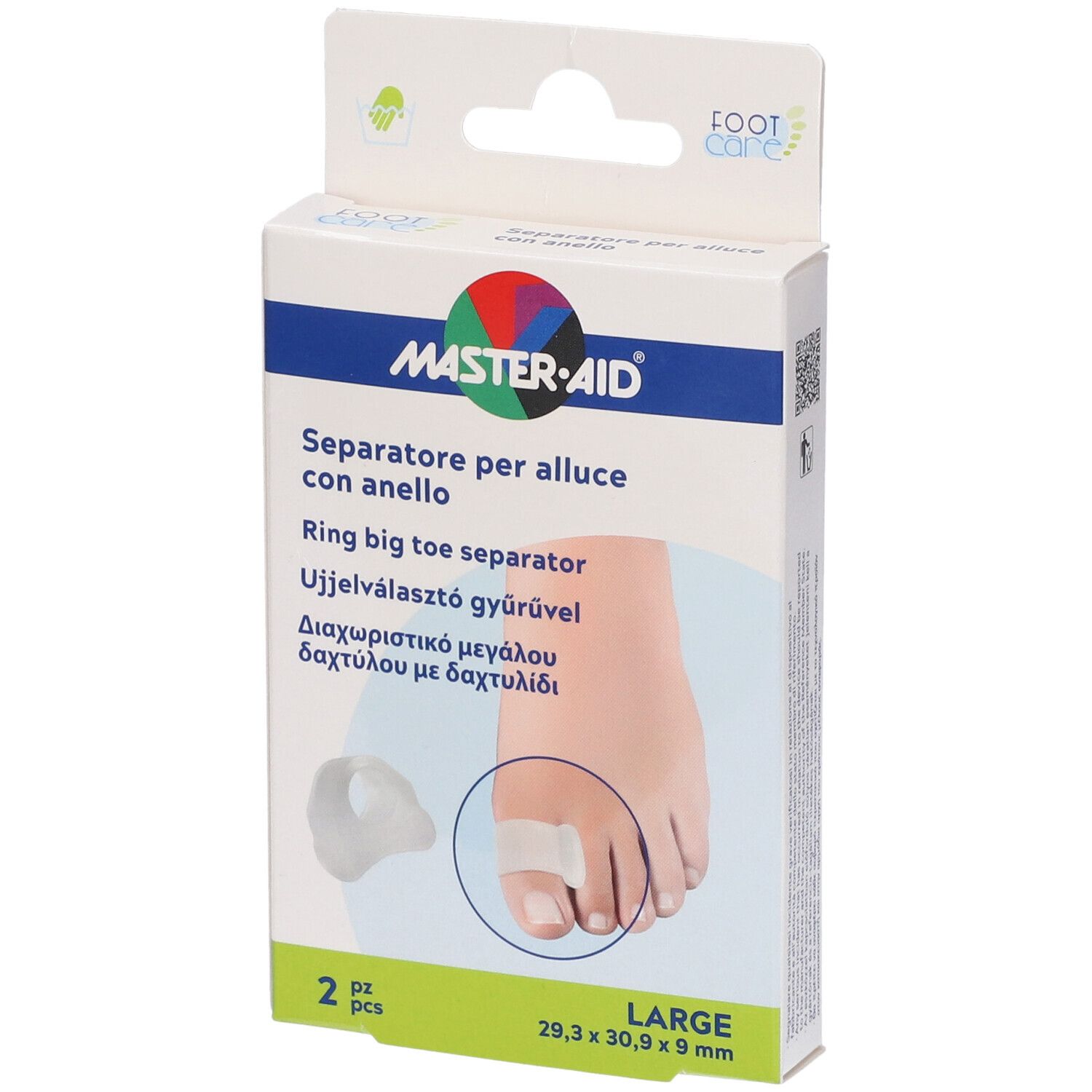 Confezione di due separatori per dita dei piedi. Marchio MASTER-AID. Nome del prodotto e immagine di un piede con separatore. Taglia: LARGE.