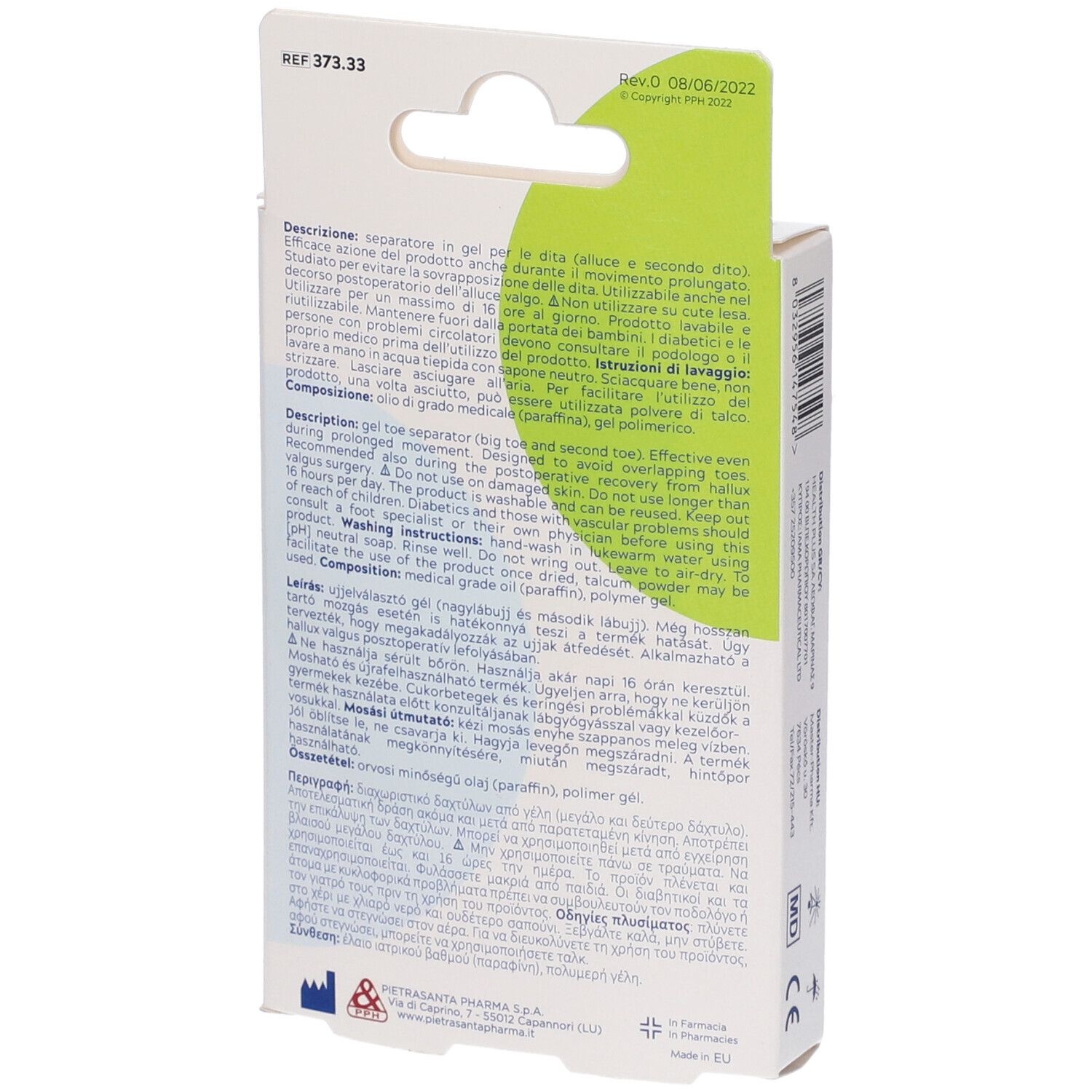 Retro della confezione con testo multilingue. Nome del prodotto e immagine di un piede con separatore. Taglia: LARGE.