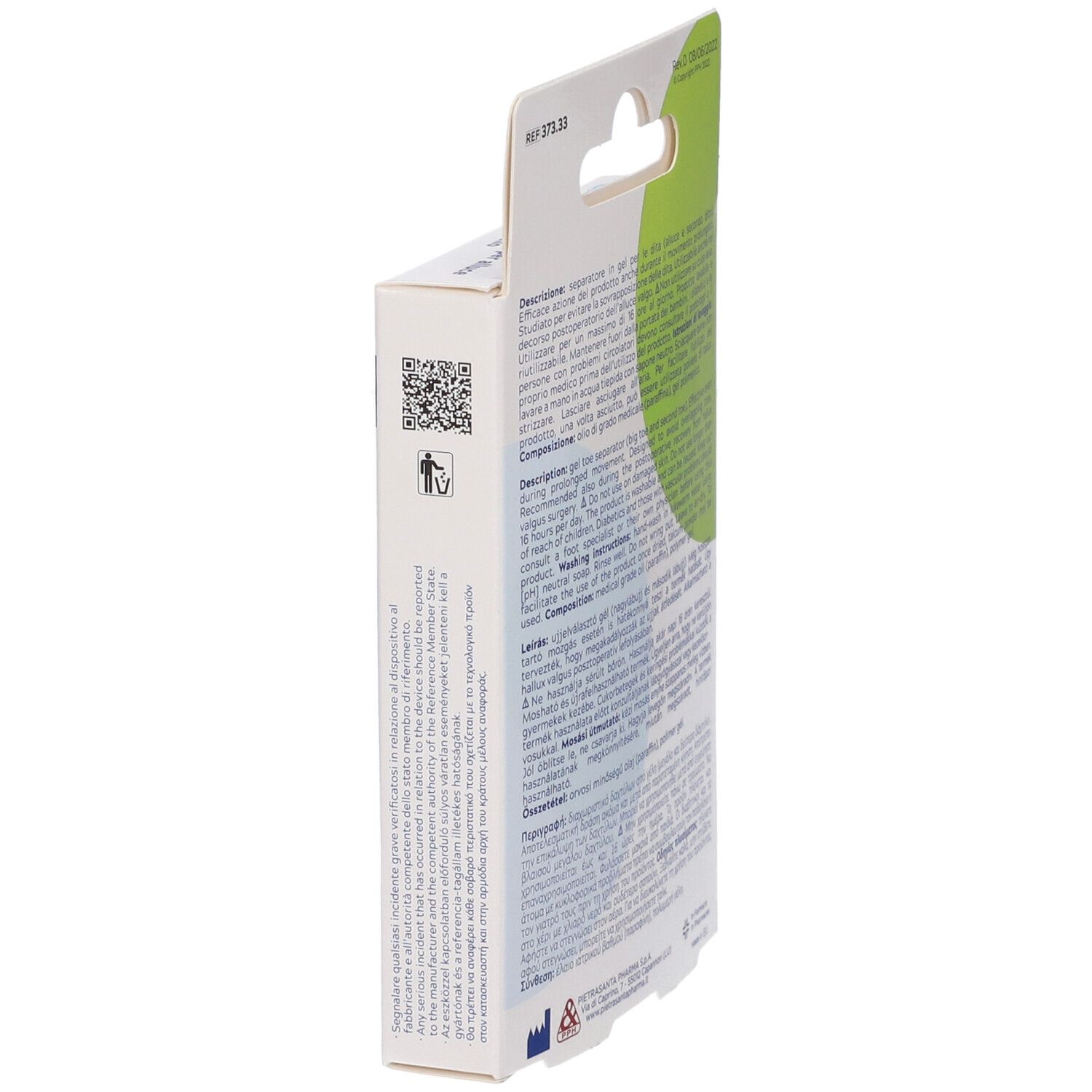 Retro della confezione con testo multilingue. Nome del prodotto e immagine di un piede con separatore. Taglia: LARGE.