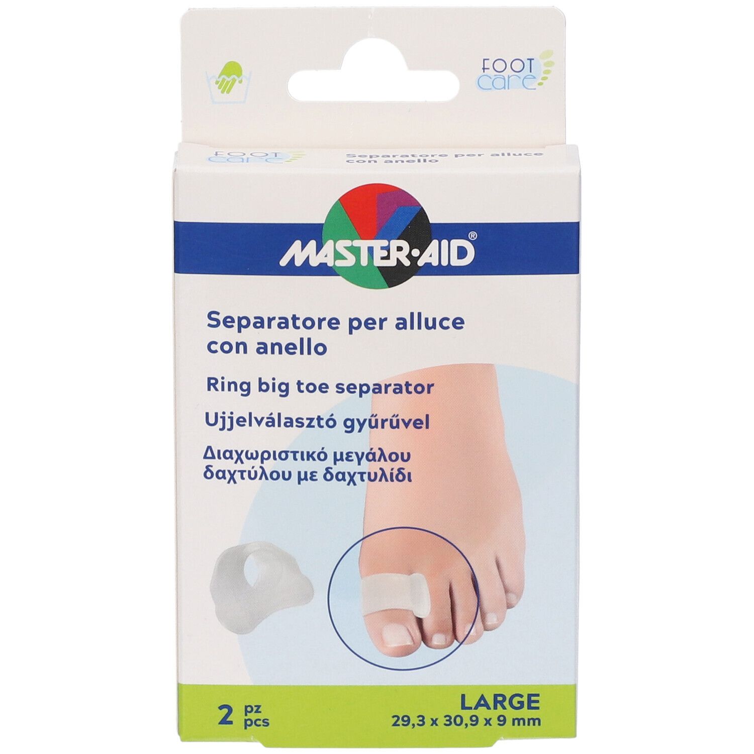 Confezione di due separatori per dita dei piedi. Marchio MASTER-AID. Nome del prodotto e immagine di un piede con separatore. Taglia: LARGE.