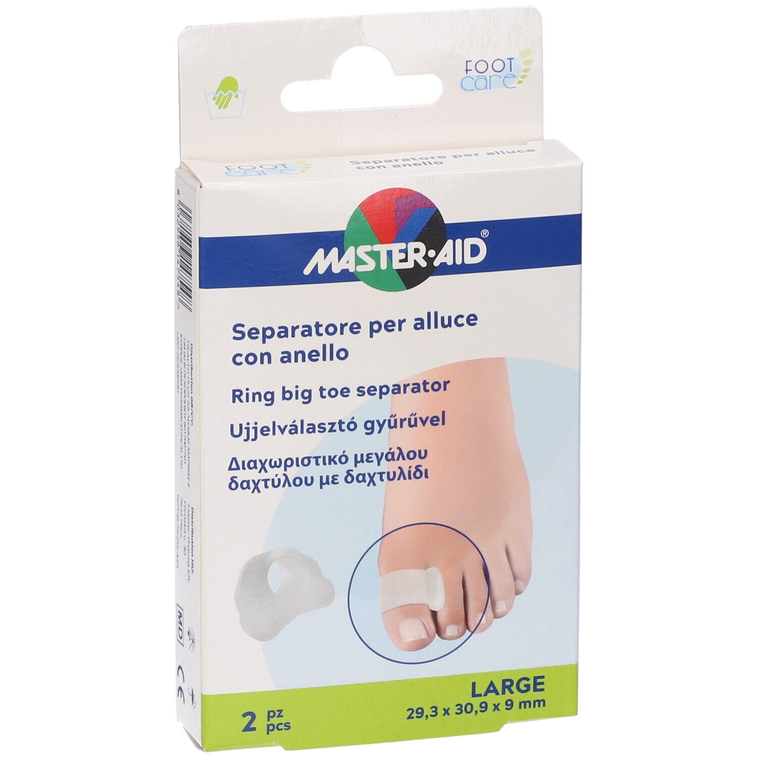 Confezione di due separatori per dita dei piedi. Marchio MASTER-AID. Nome del prodotto e immagine di un piede con separatore. Taglia: LARGE.