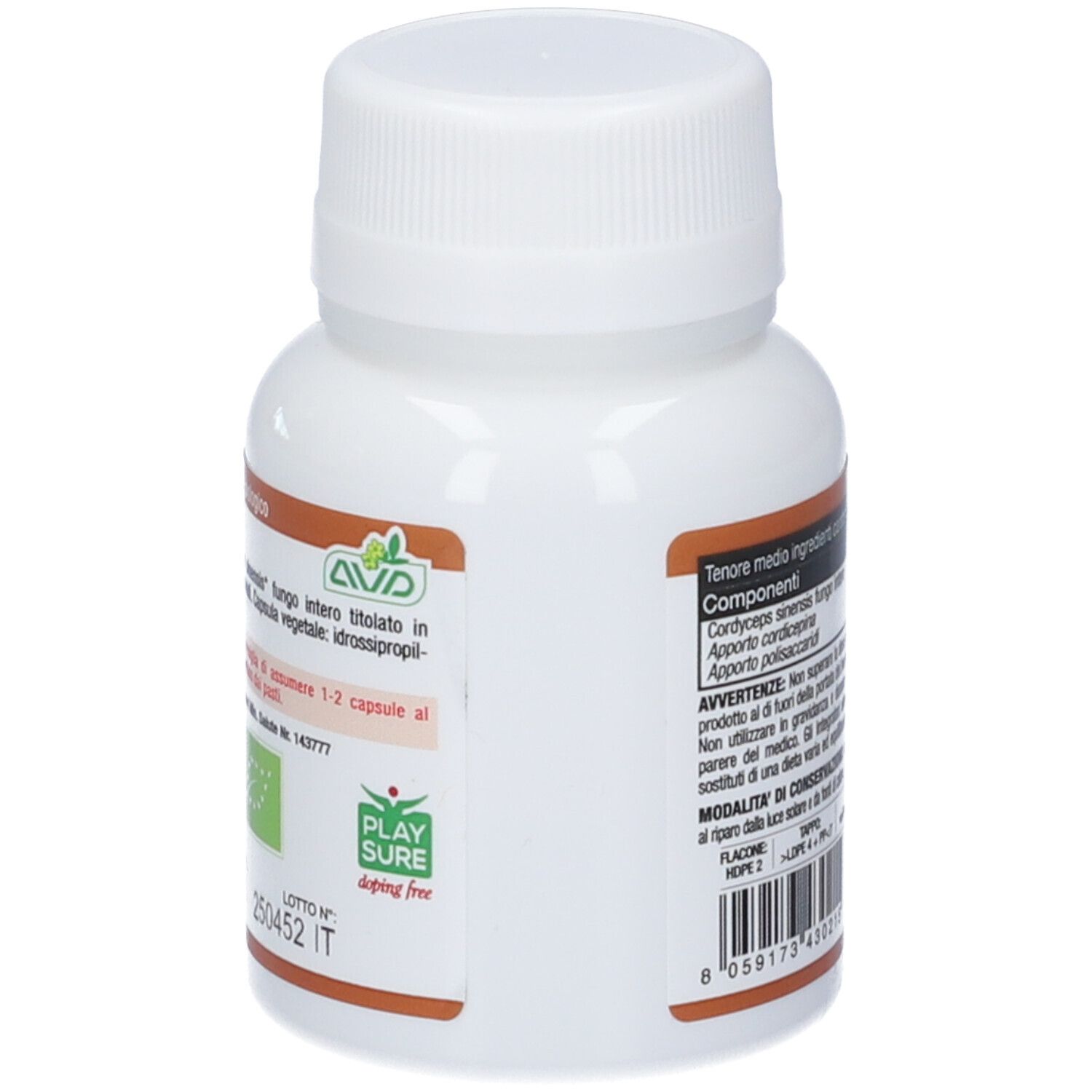 Flacone bianco con etichetta marrone. Scritta: AVD. Con certificazione biologica. Contiene informazioni sugli ingredienti e l'uso.