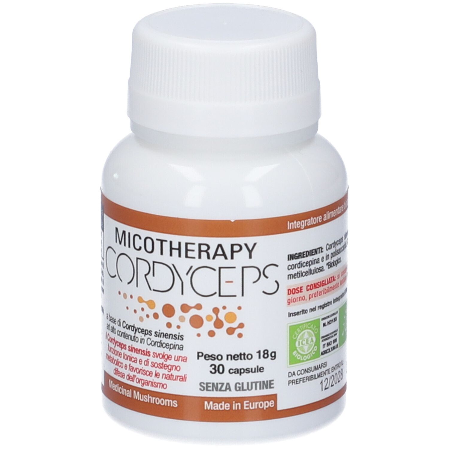 Flacone bianco con etichetta marrone. Scritta: MICOTHERAPY CORDYCEPS. Contiene 30 capsule. Senza glutine. Con certificazione biologica.