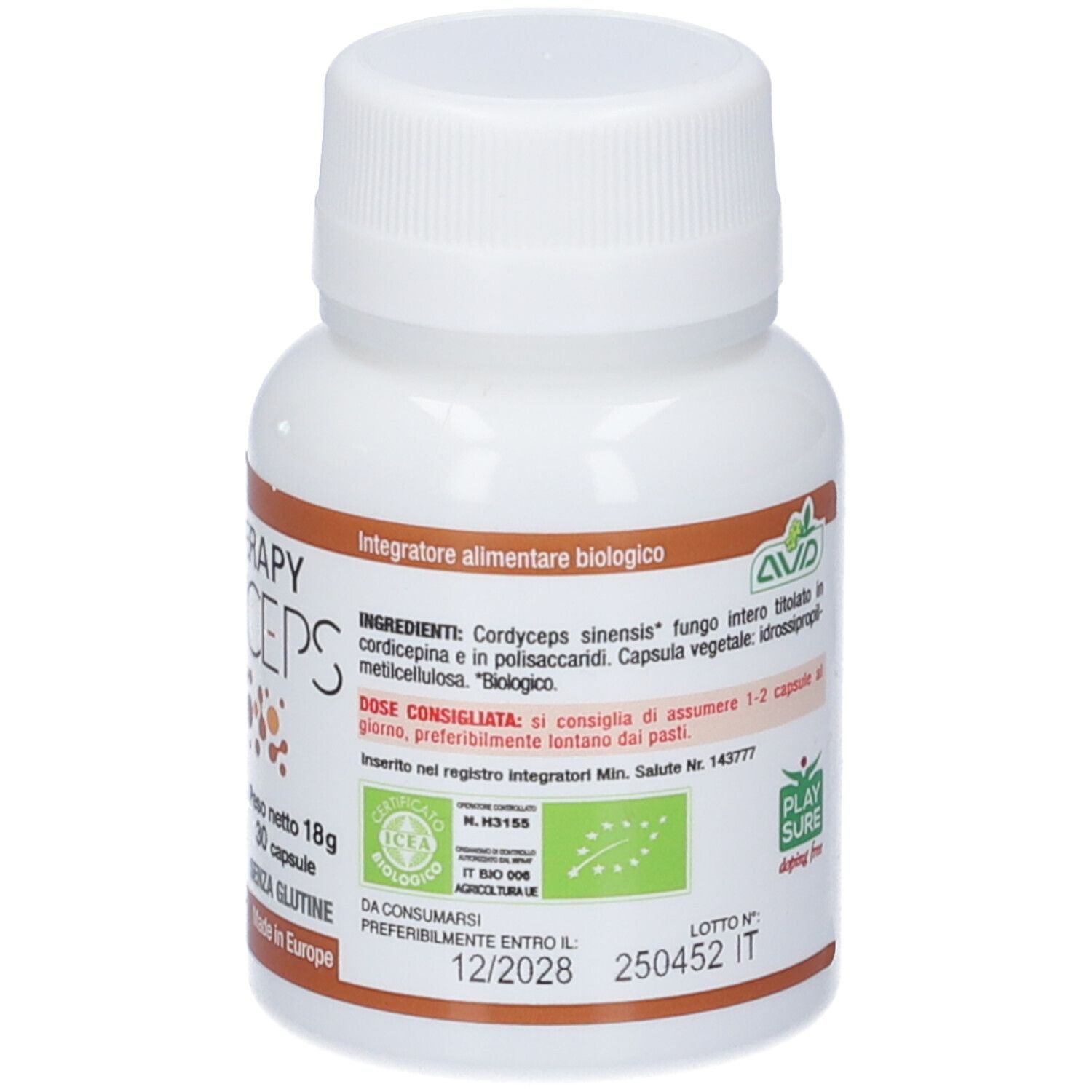 Flacone bianco con etichetta marrone. Scritta: MICOTHERAPY CORDYCEPS. Contiene 30 capsule. Senza glutine. Con certificazione biologica.