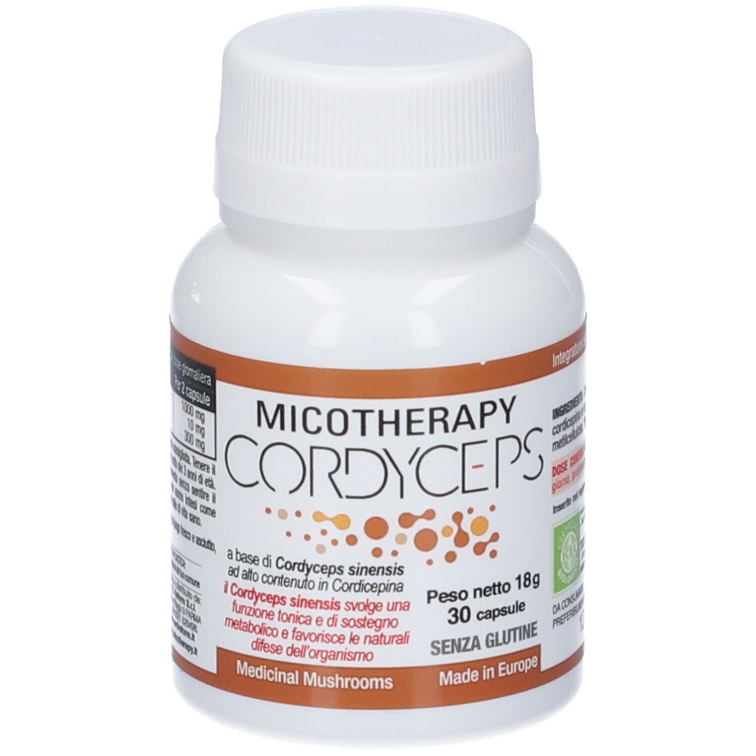 Flacone bianco con etichetta marrone. Scritta: MICOTHERAPY CORDYCEPS. Contiene 30 capsule. Senza glutine. Prodotto in Europa.