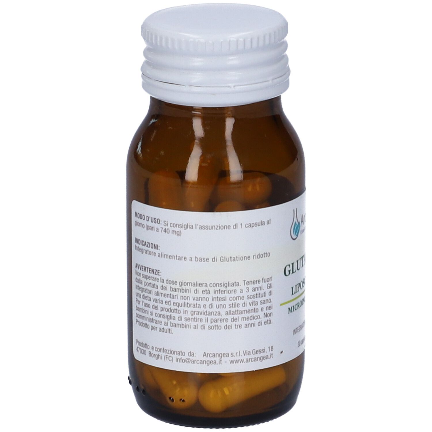 Retro di un flacone di vetro marrone con tappo bianco. Informazioni testuali e logo. Capsule visibili.