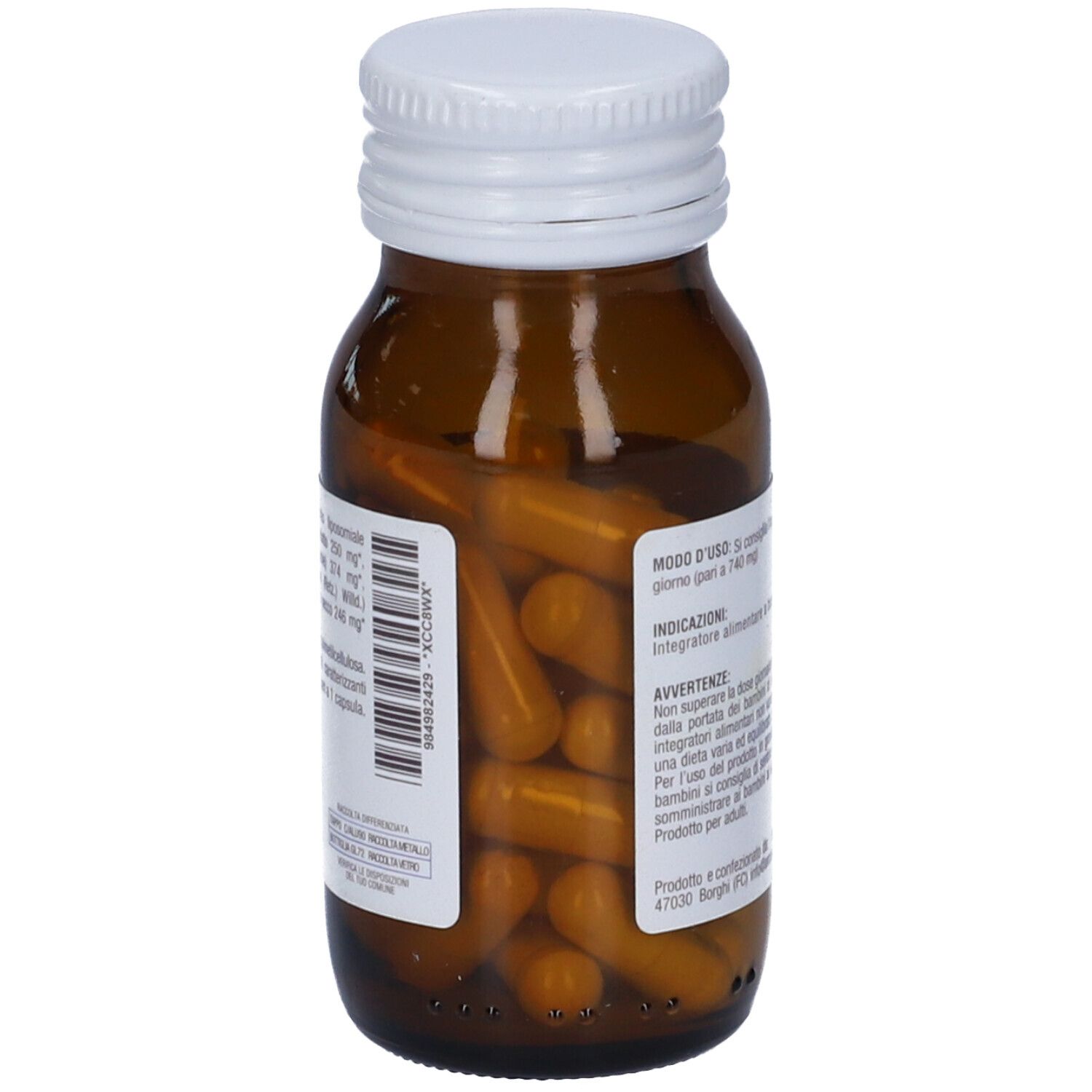 Vista posteriore di un flacone di vetro marrone con tappo bianco. Capsule visibili. Informazioni testuali e codice a barre.