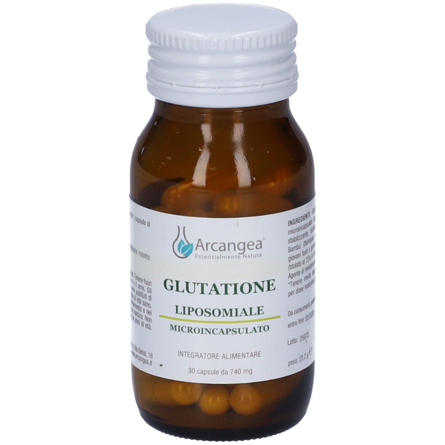 Flacone di vetro marrone con tappo bianco. Scritta: Glutatione Liposomiale, 30 Opercoli Ret. Capsule visibili. Testo.