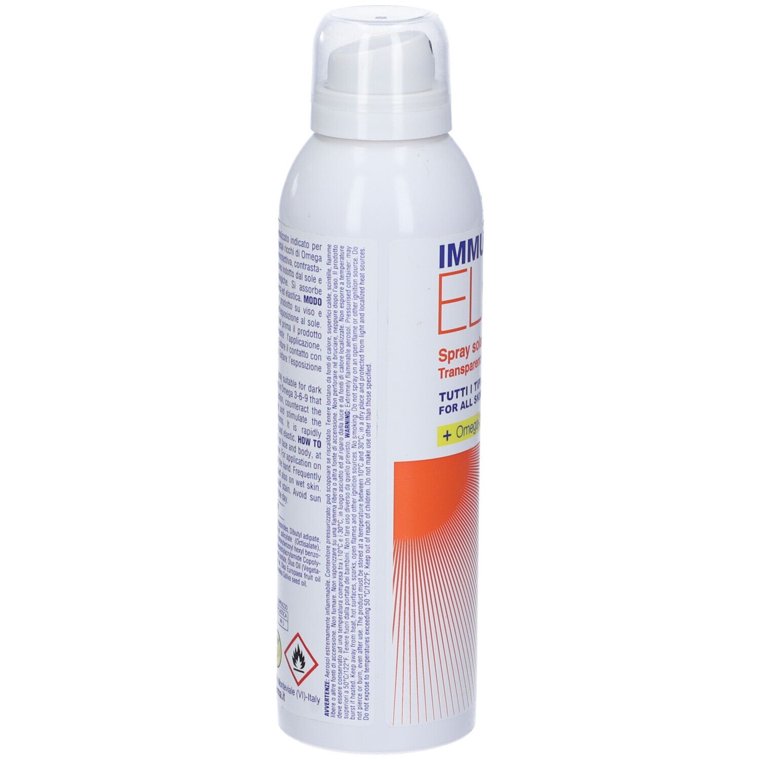 Spray bianco con testo. Vista laterale con testo e avvertenze. Contiene un simbolo di fiamma e di punto esclamativo.