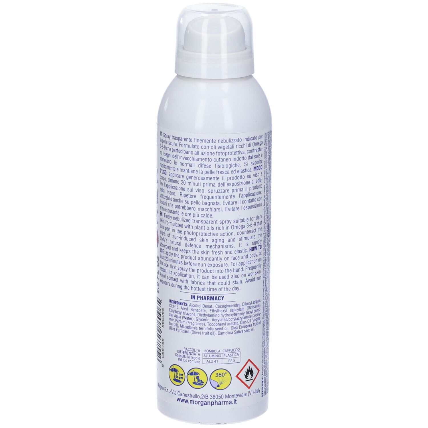 Spray bianco con testo. Vista posteriore con testo, ingredienti e certificazioni. Contiene un simbolo a 360°.