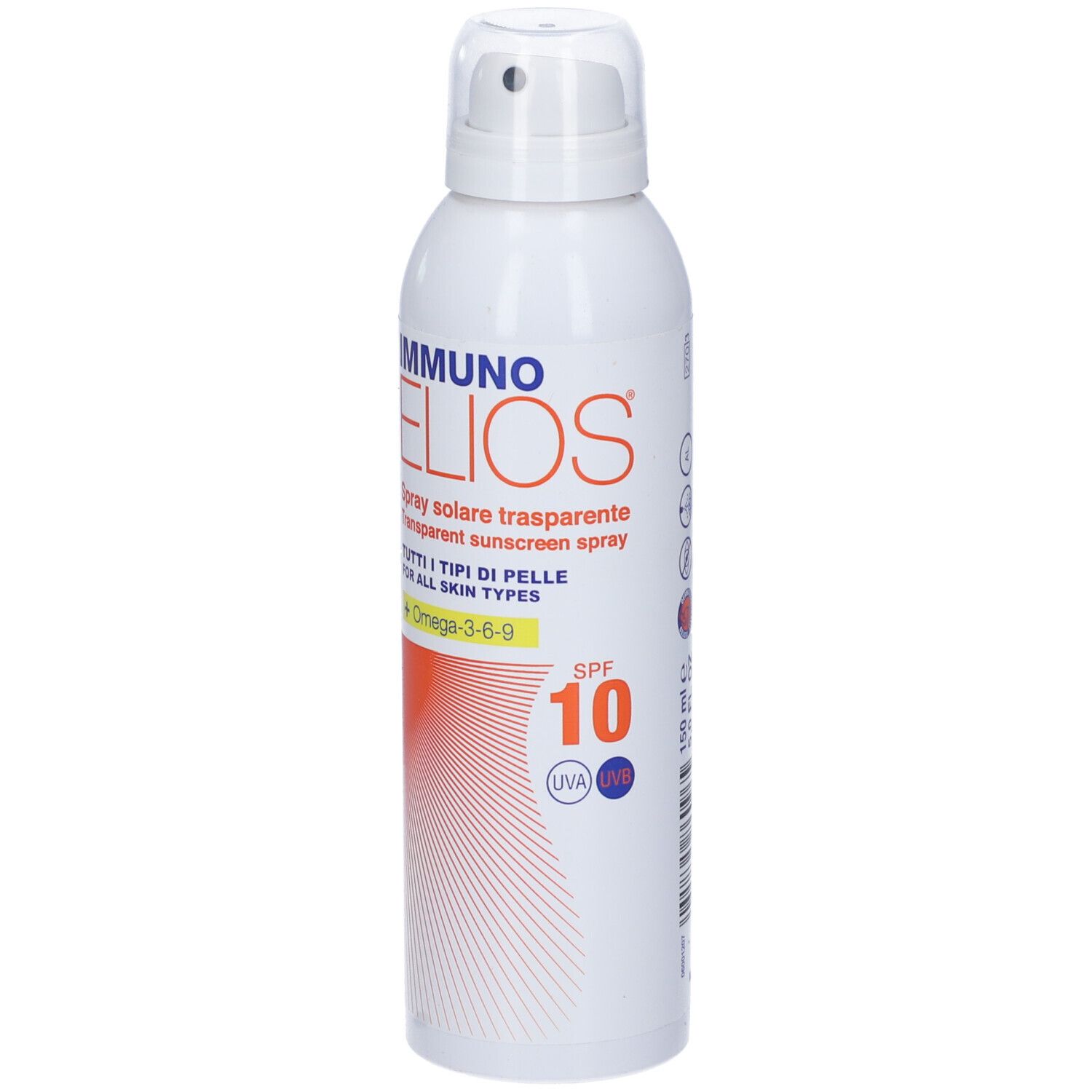 Spray bianco con scritta IMMUNO ELIOS, SPF 10. Striscia arancione e motivo a raggi rossi.