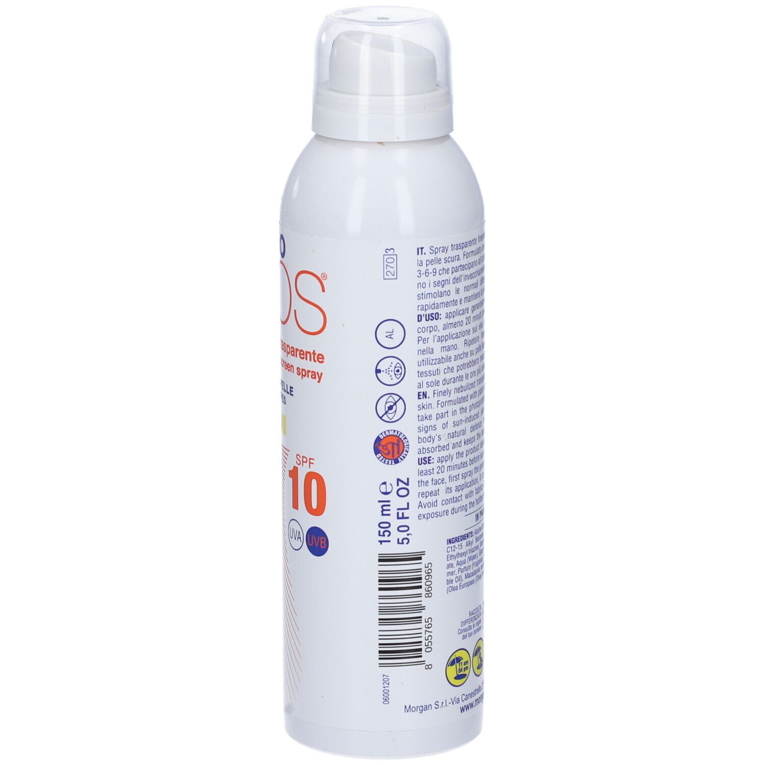 Spray bianco con testo. Contiene testo, SPF 10, 150 ml e simboli. Vista posteriore.