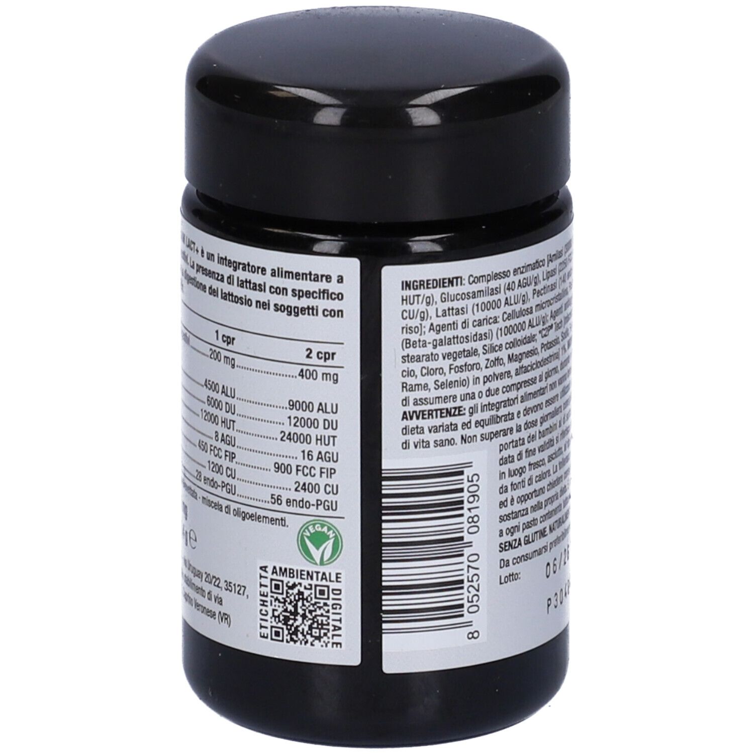 Retro del barattolo nero. Contiene informazioni su ingredienti, dosaggio e certificazioni. 30 compresse.