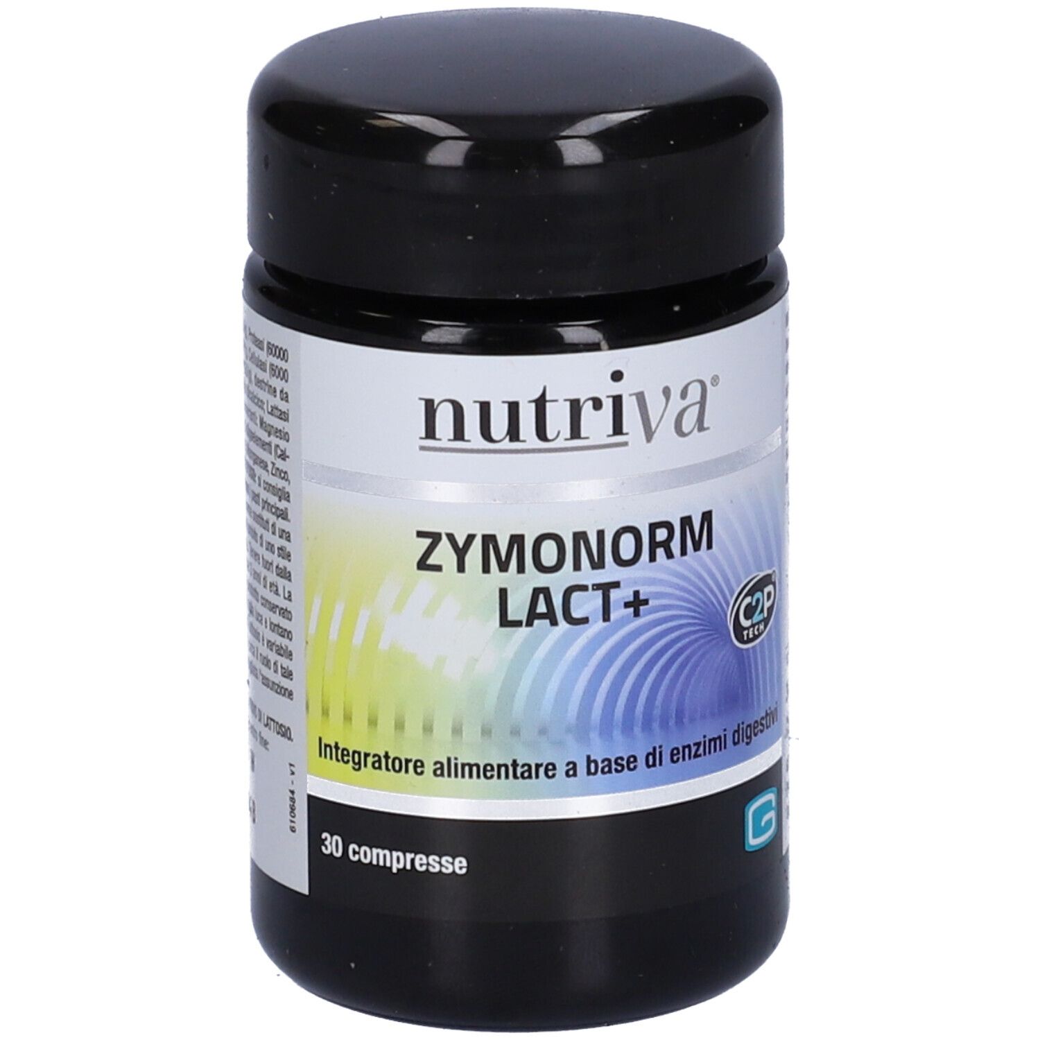 Barattolo nero con etichetta bianca. Scritta: Nutriva Zymonorm Lact+. 30 compresse. Integratore alimentare.
