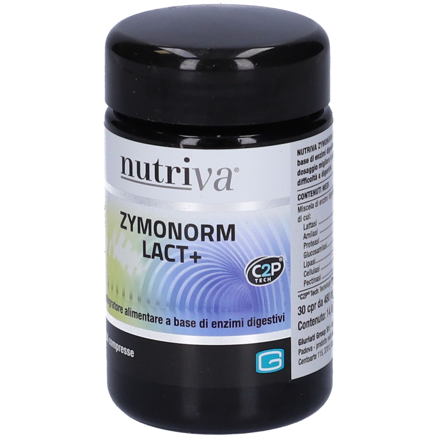Barattolo nero con etichetta bianca. Scritta: Nutriva Zymonorm Lact+. 30 compresse. Integratore alimentare.