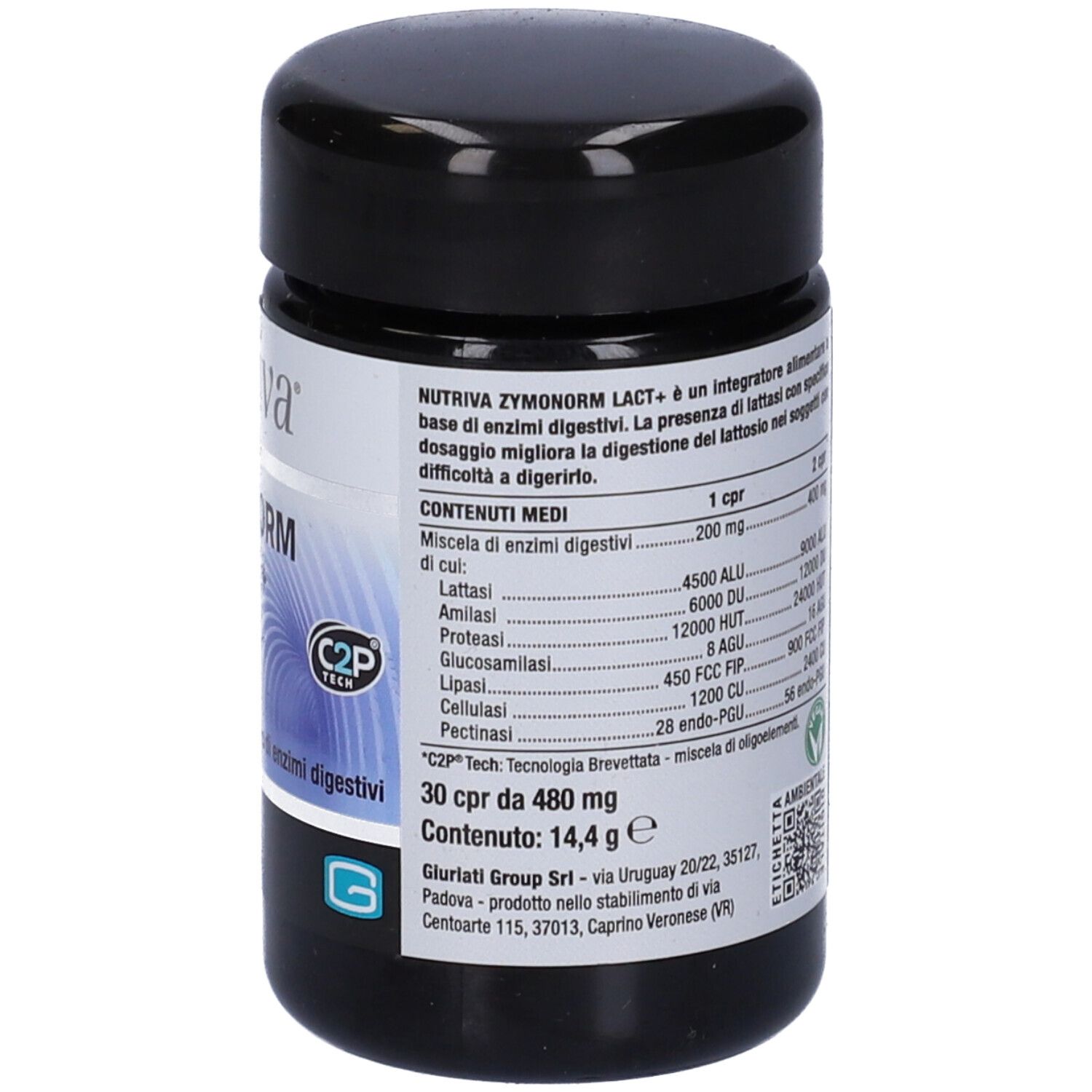 Barattolo nero con etichetta bianca. Scritta: Nutriva Zymonorm Lact+. 30 compresse. Integratore alimentare.