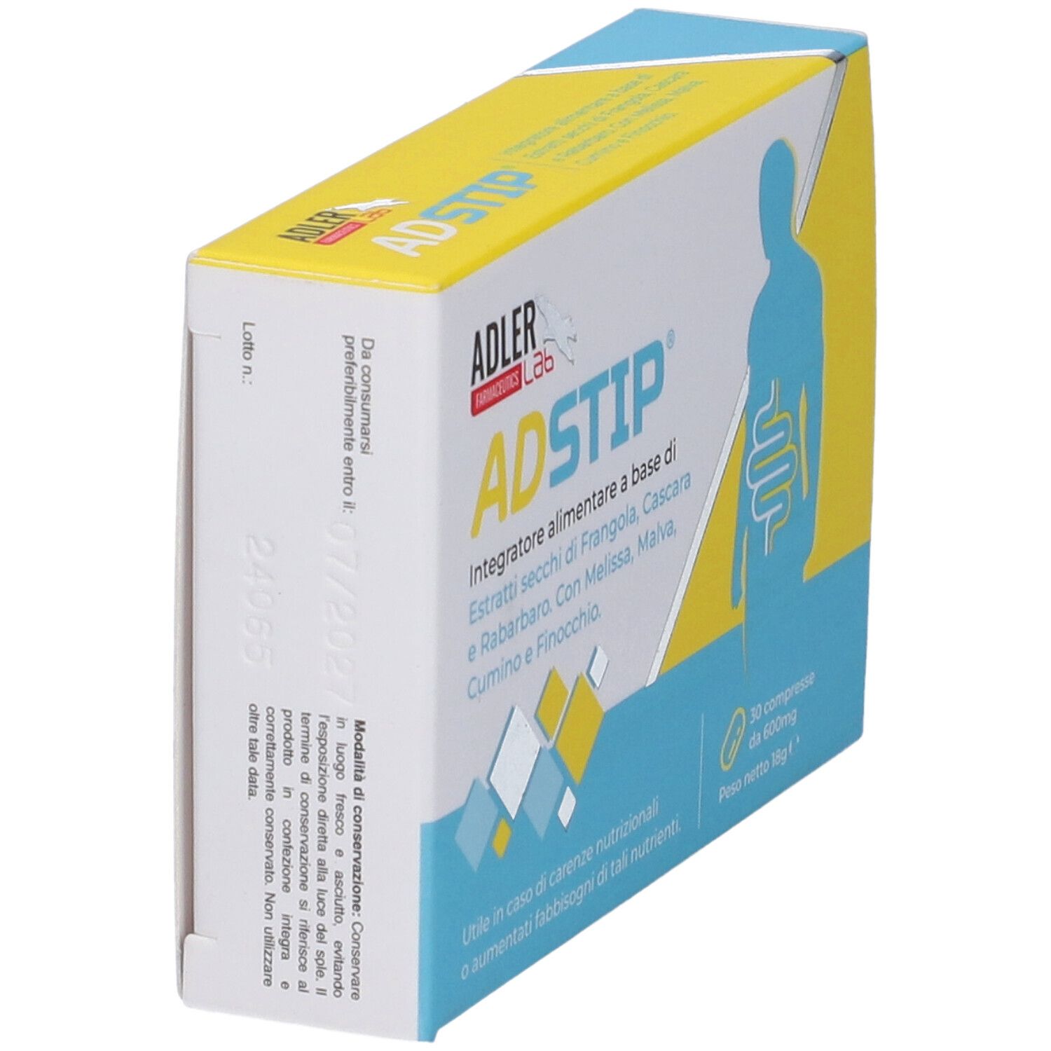 Scatola ADSTIP. Scritta: ADLER, ADSTIP. Contiene 30 compresse. Vista laterale con testo e data di scadenza.