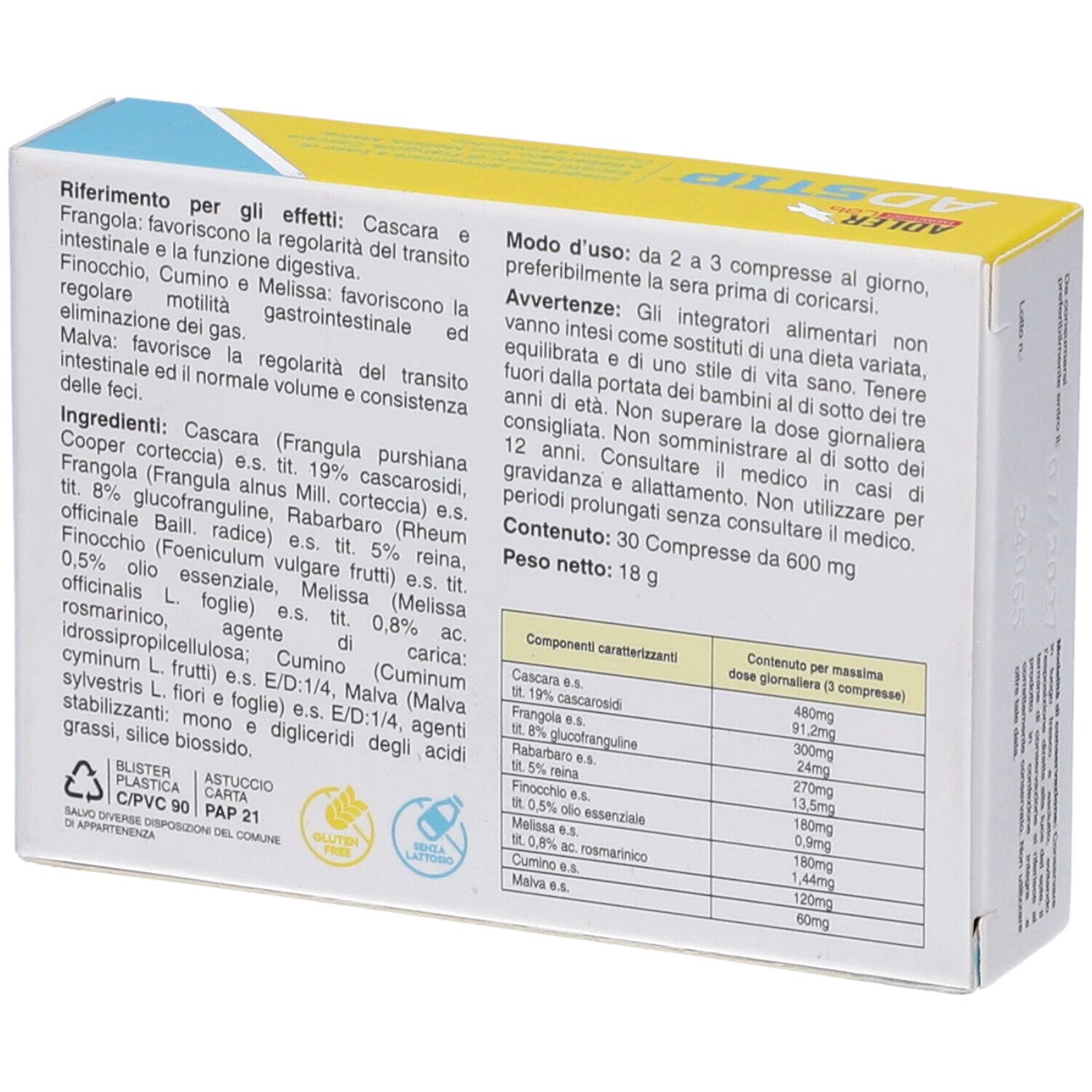 Retro della scatola ADSTIP. Contiene informazioni sugli ingredienti e l'uso. Testo in italiano.