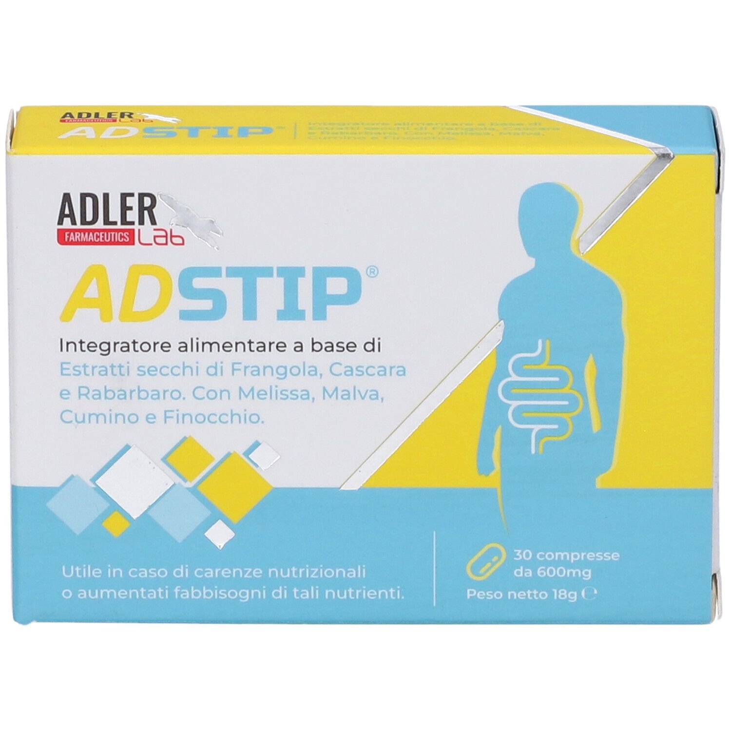 Scatola di compresse ADSTIP. Scritta: ADLER, ADSTIP. Contiene 30 compresse. Illustrazione dell'apparato digerente.